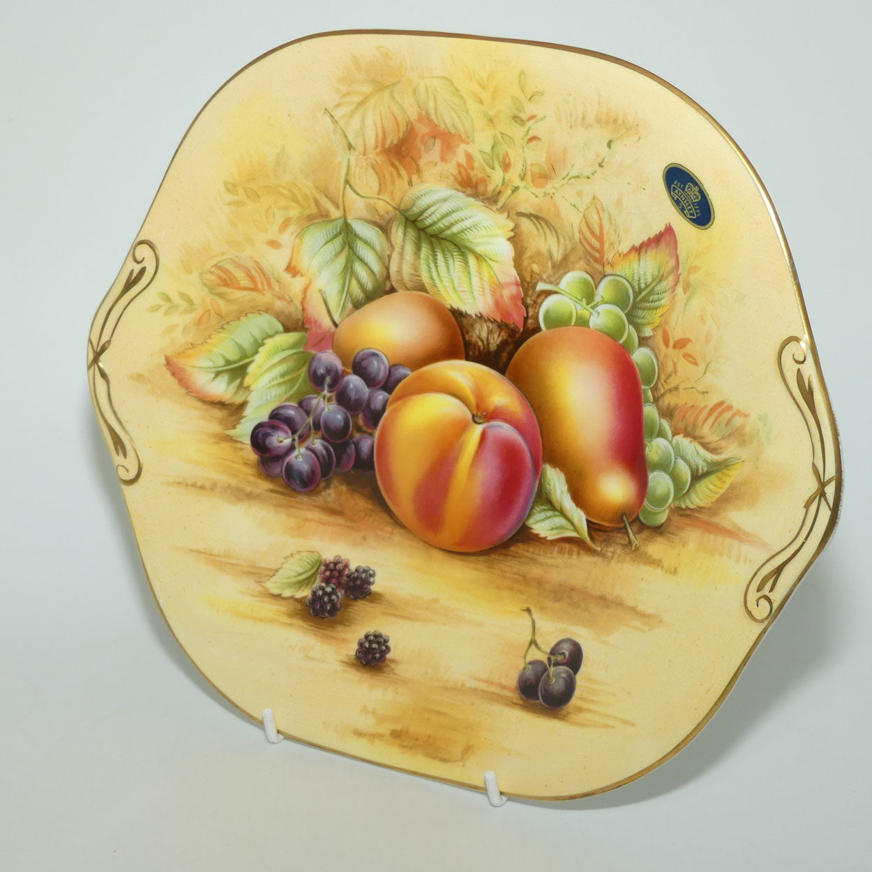 Aynsley Fruit Orchard Gold tab handle cake plate | 26.5cm wide