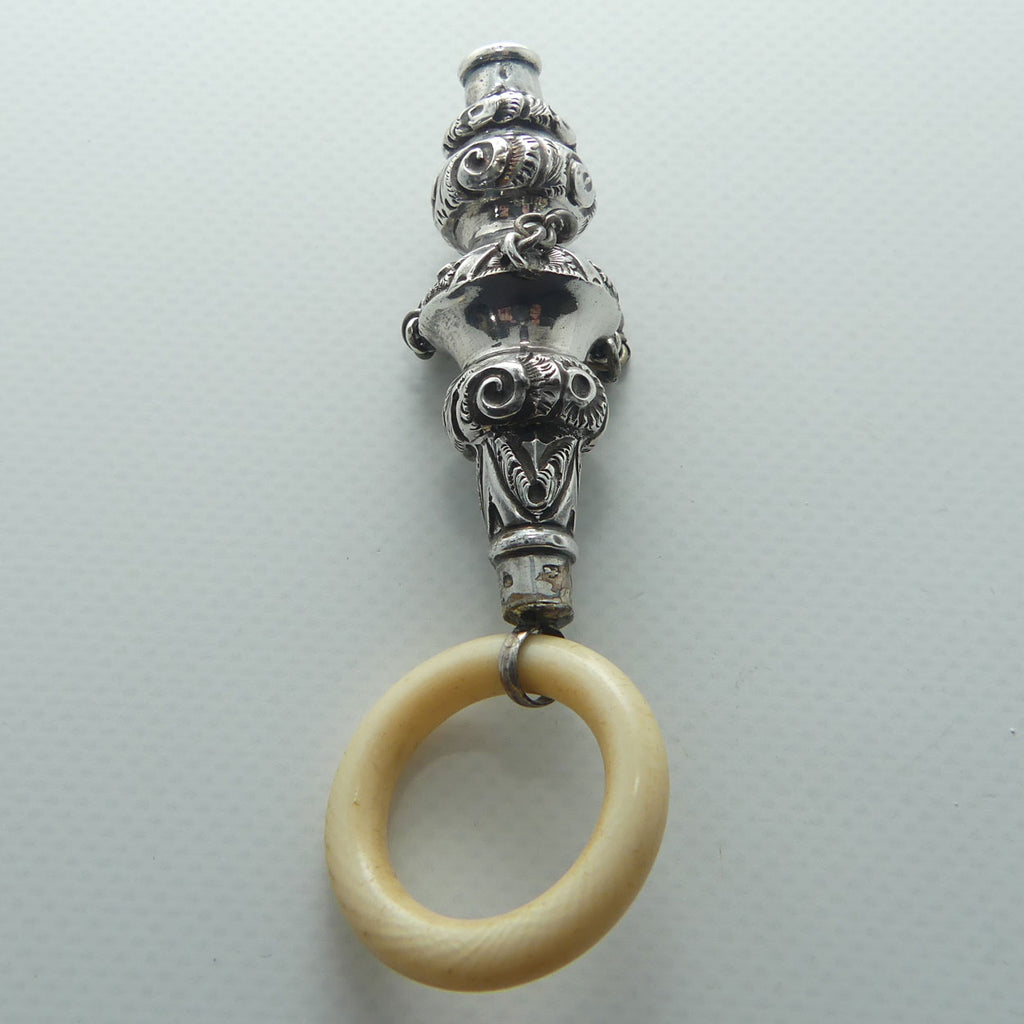 Victorian era Sterling Silver and Ivory Teething Ring Baby Rattle | Whistle | Birmingham 1877