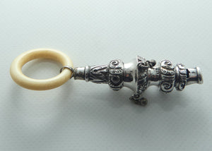 Victorian era Sterling Silver and Ivory Teething Ring Baby Rattle | Whistle | Birmingham 1877