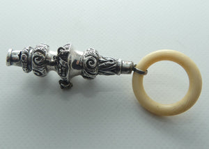 Victorian era Sterling Silver and Ivory Teething Ring Baby Rattle | Whistle | Birmingham 1877