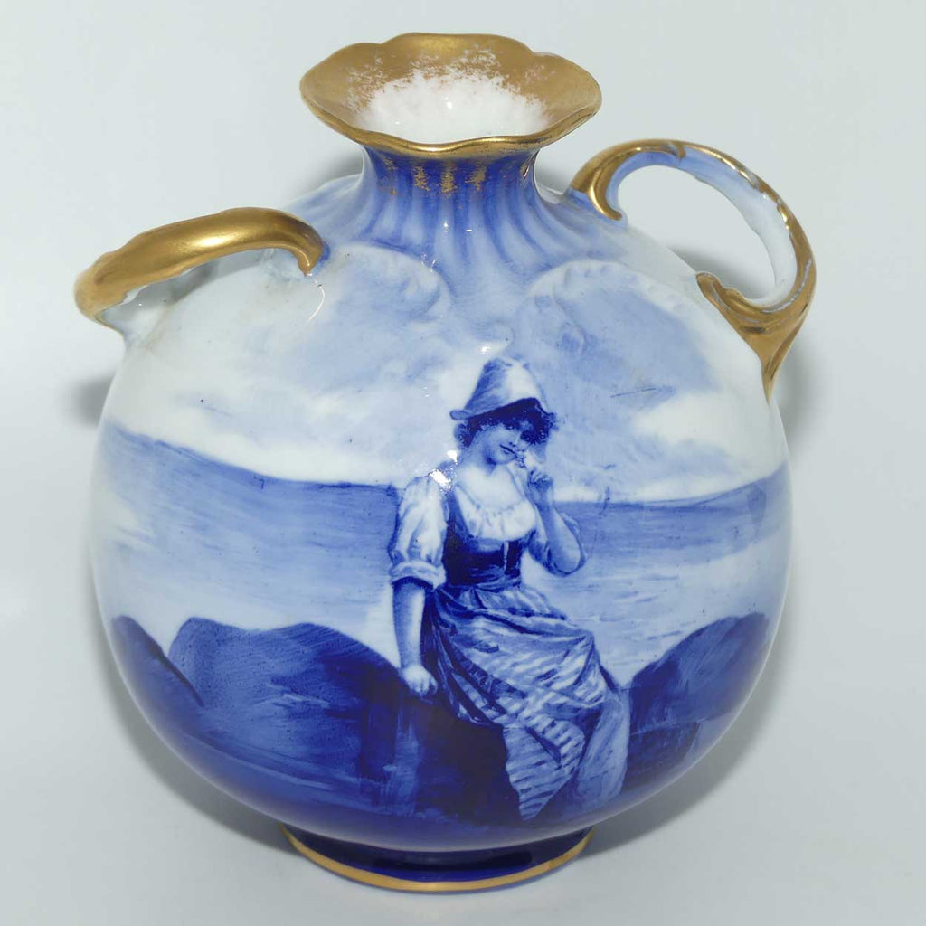 Royal Doulton Blue Childrens ball vase with helix twist handles (Woman by seashore)