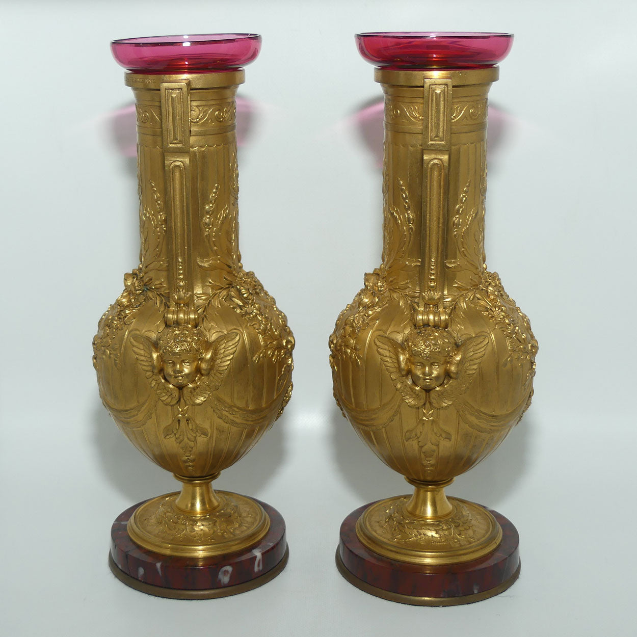 19th Century Gilt Bronze Neoclassical Decorative Vases by Ferdinand Barbedienne | with Cranberry glass inserts
