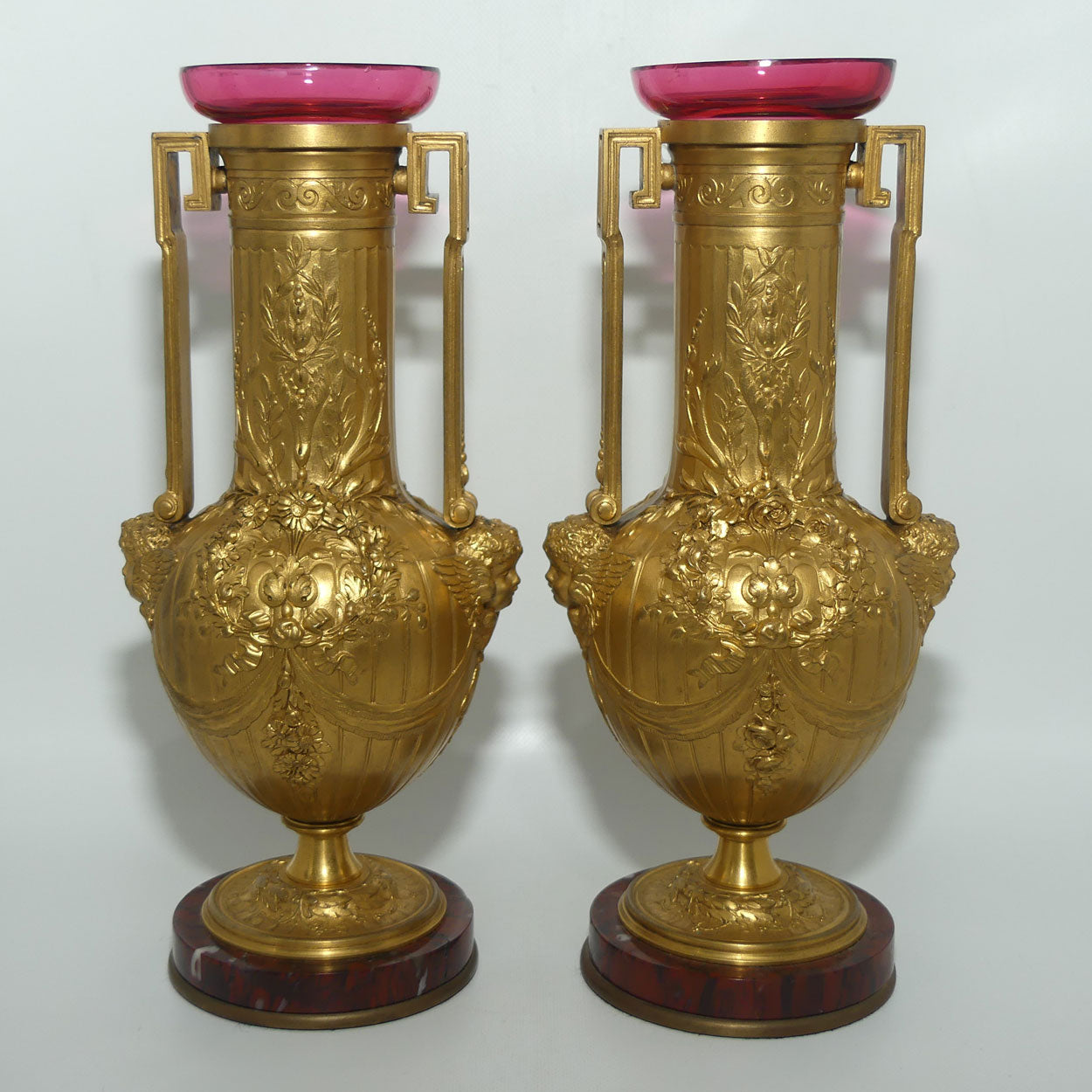 19th Century Gilt Bronze Neoclassical Decorative Vases by Ferdinand Barbedienne | with Cranberry glass inserts