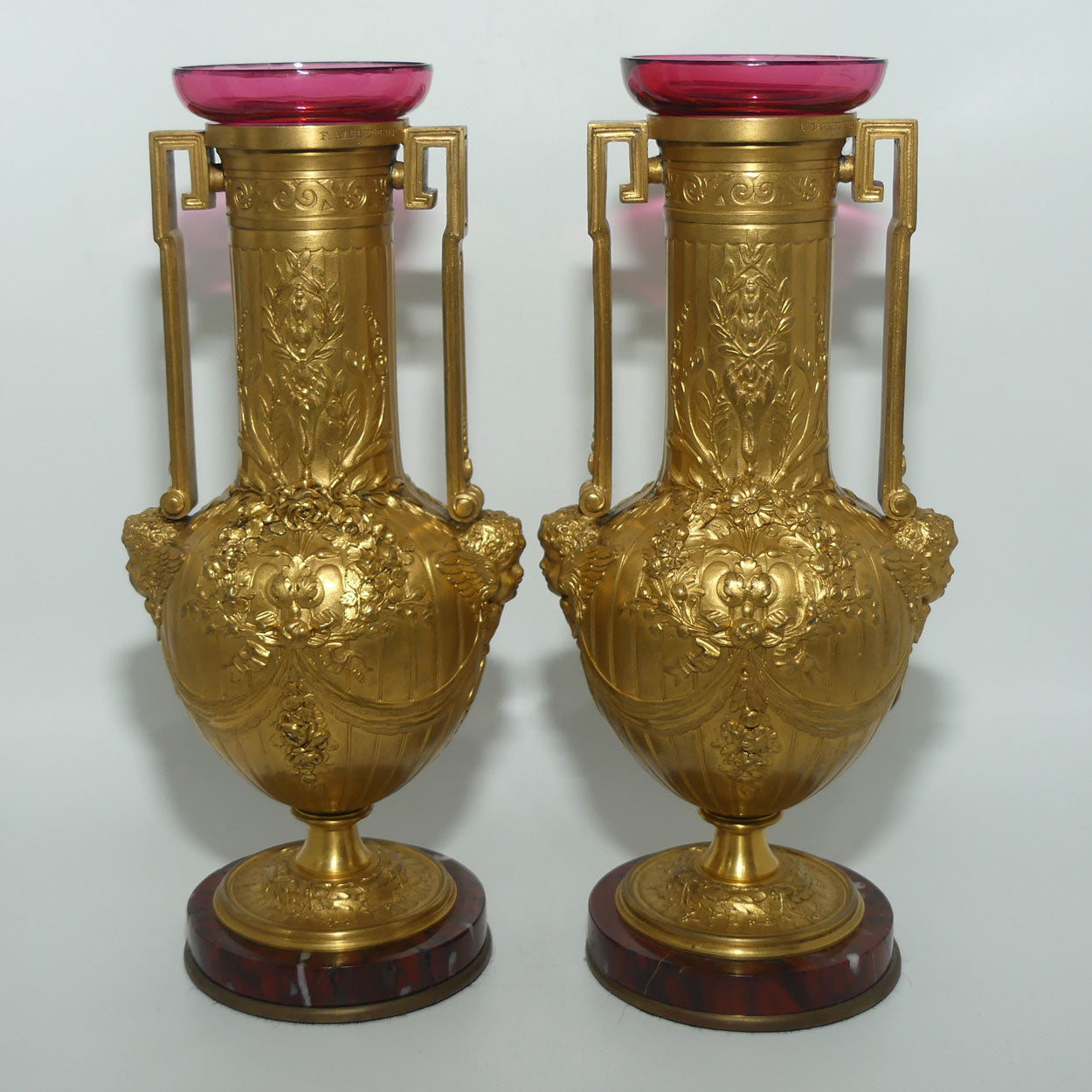 19th Century Gilt Bronze Neoclassical Decorative Vases by Ferdinand Barbedienne | with Cranberry glass inserts