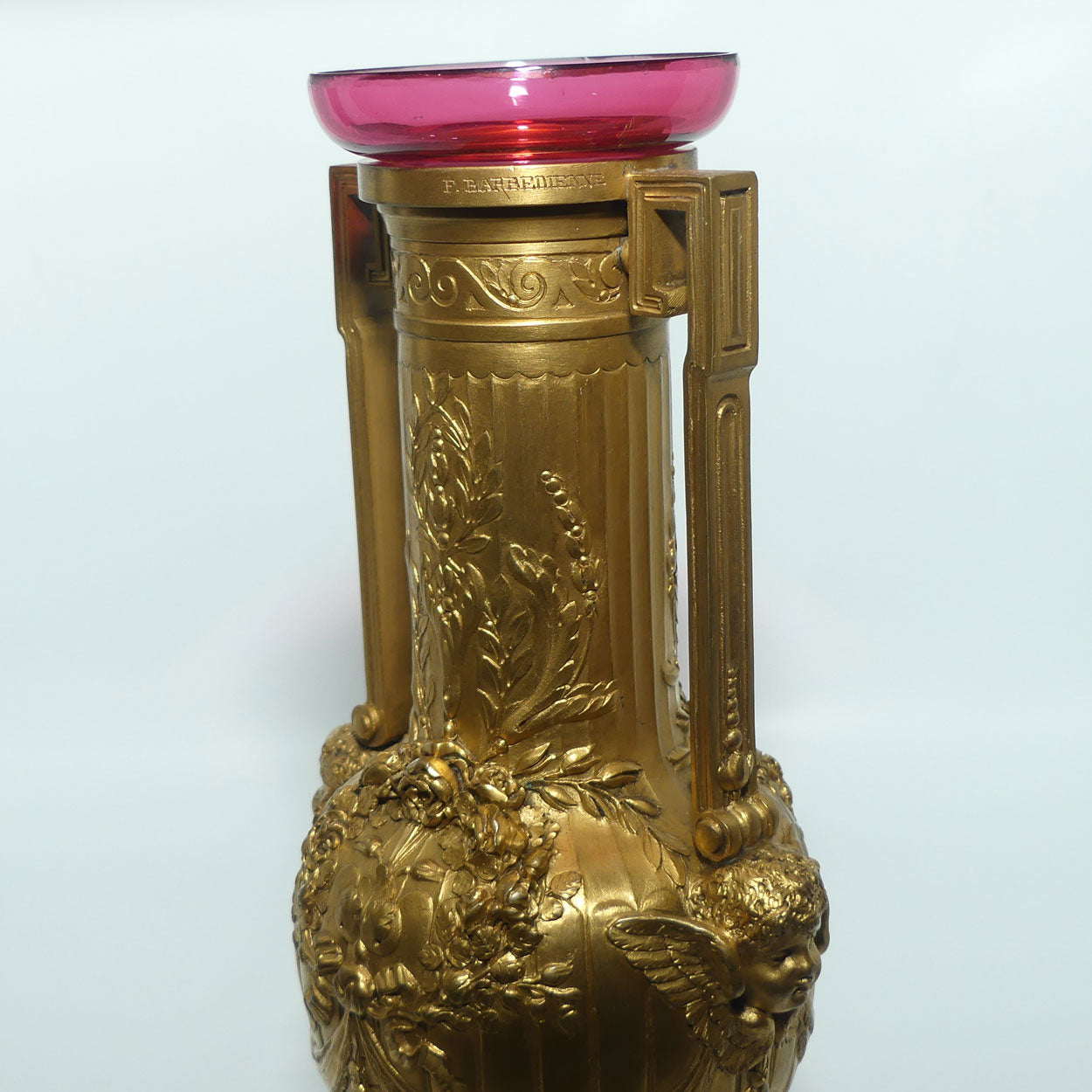 19th Century Gilt Bronze Neoclassical Decorative Vases by Ferdinand Barbedienne | with Cranberry glass inserts