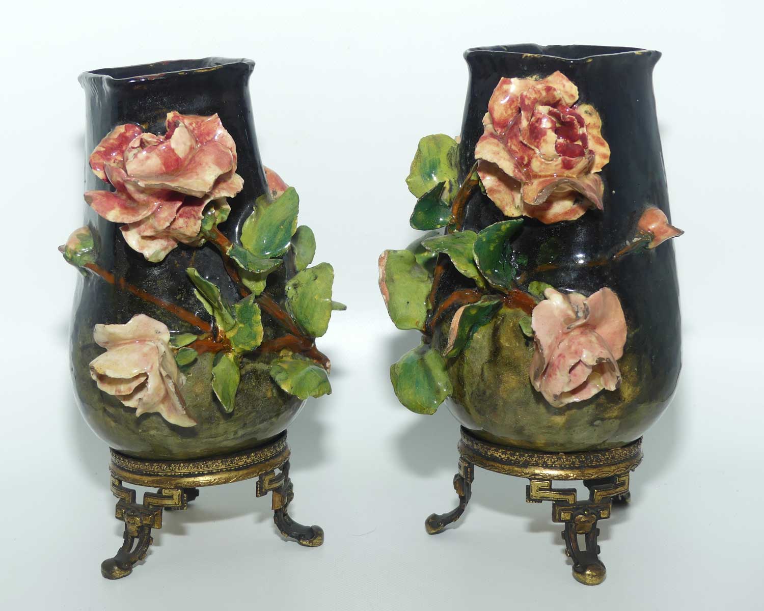 Pair of 19th Century French Faience and Ormolu Barbotine Vases