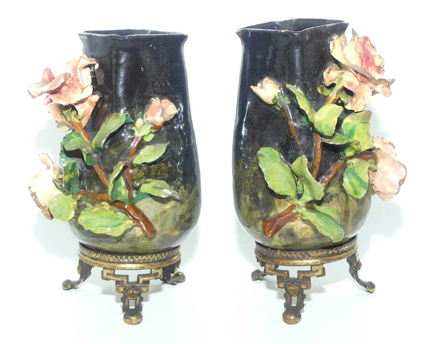 Pair of 19th Century French Faience and Ormolu Barbotine Vases