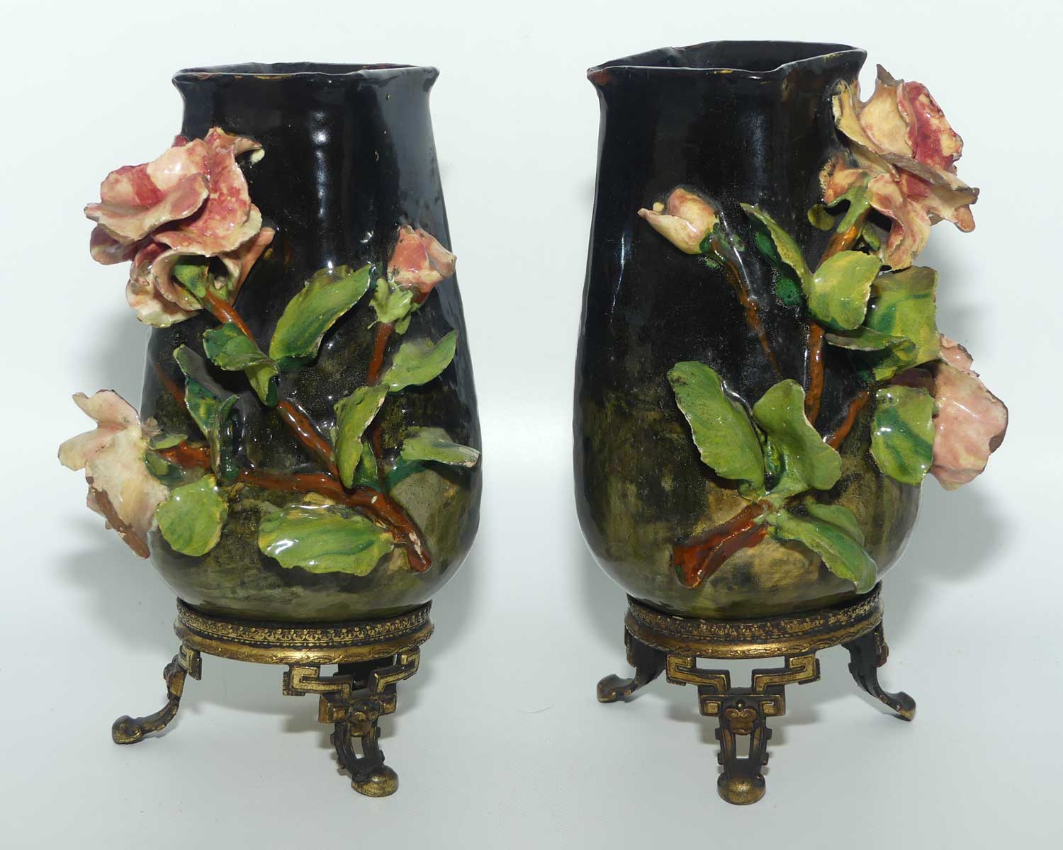 Pair of 19th Century French Faience and Ormolu Barbotine Vases