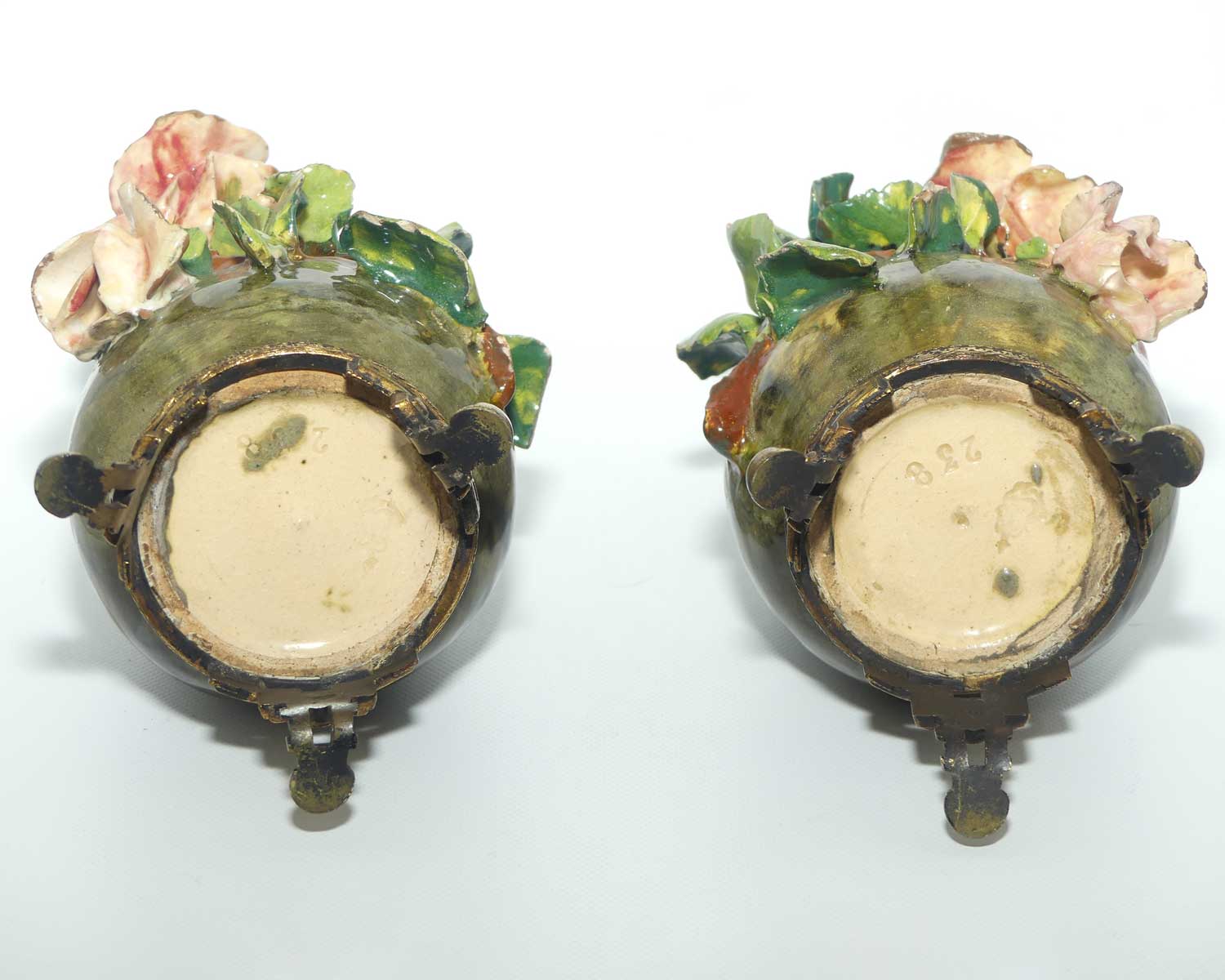 Pair of 19th Century French Faience and Ormolu Barbotine Vases