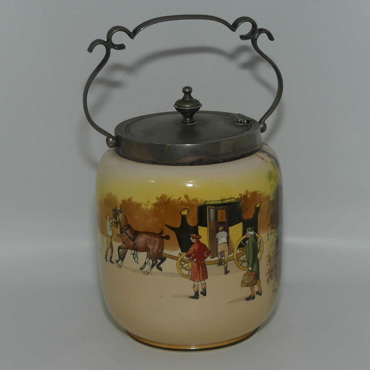 Royal Doulton Coaching Days biscuit barrel | mechanical EP lid and fancy handle D2716