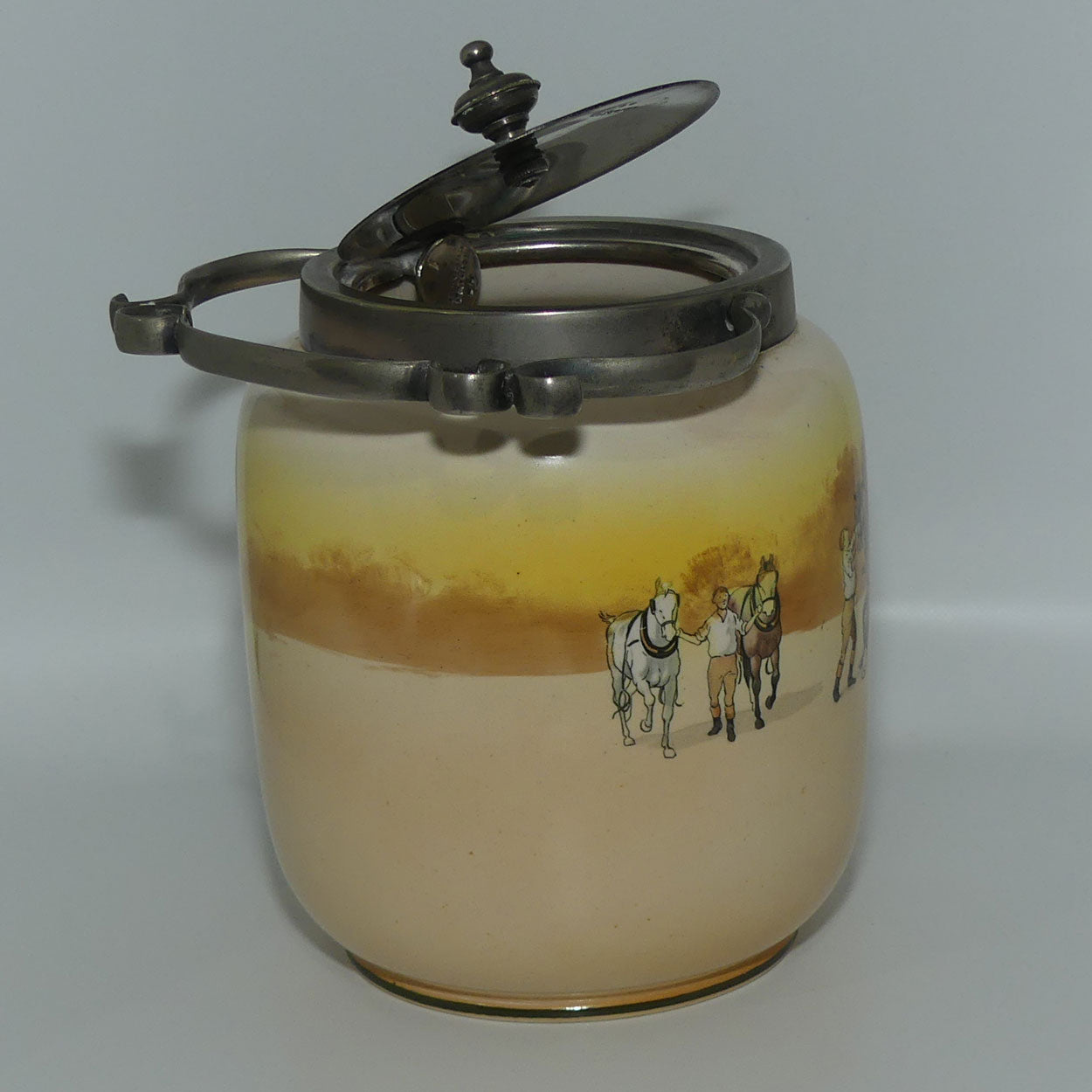 Royal Doulton Coaching Days biscuit barrel | mechanical EP lid and fancy handle D2716
