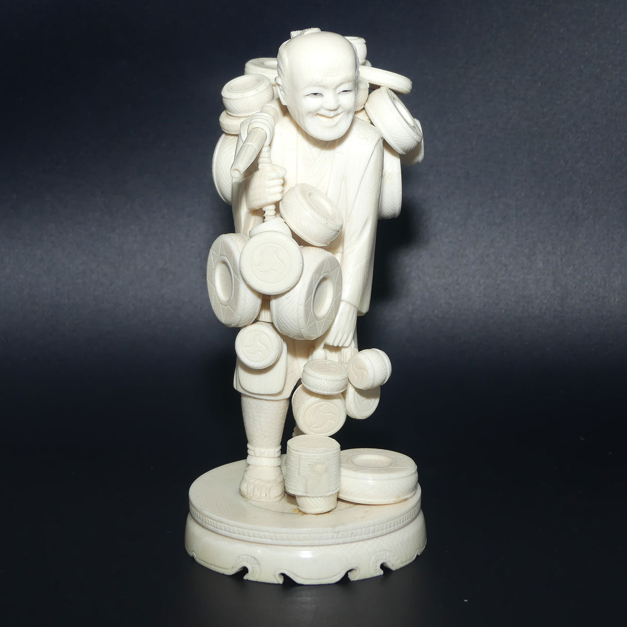 Japanese Carved Ivory Okimono figure on wooden base | Basket Vendor | Meiji period | signed