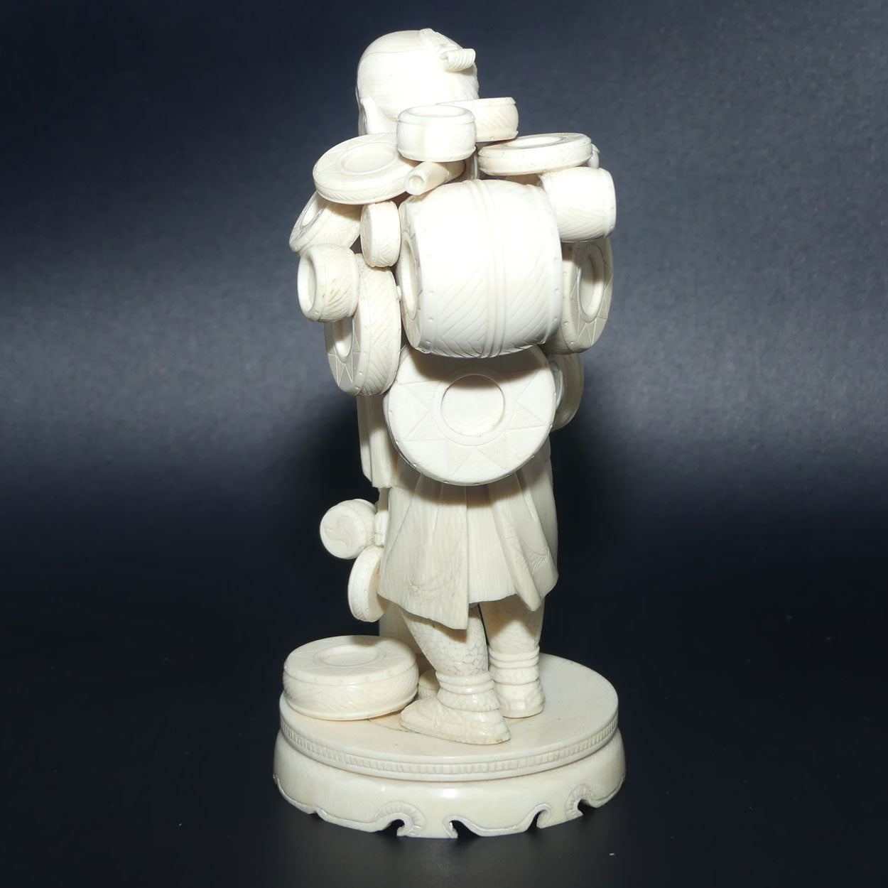Japanese Carved Ivory Okimono figure on wooden base | Basket Vendor | Meiji period | signed