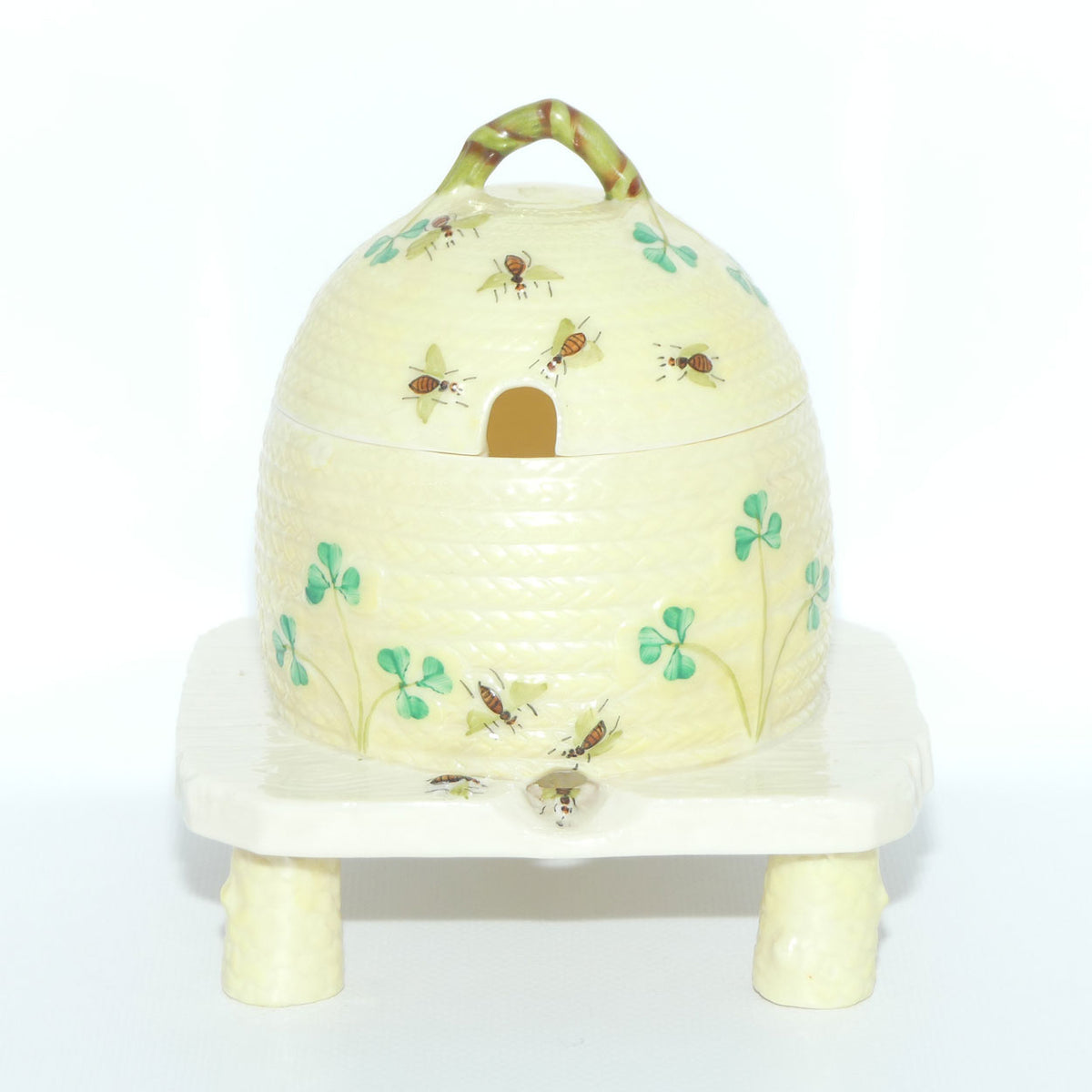 Belleek Shamrock Basket Weave Bee Motif Honey pot on Tree Stump base | 2nd Green mark