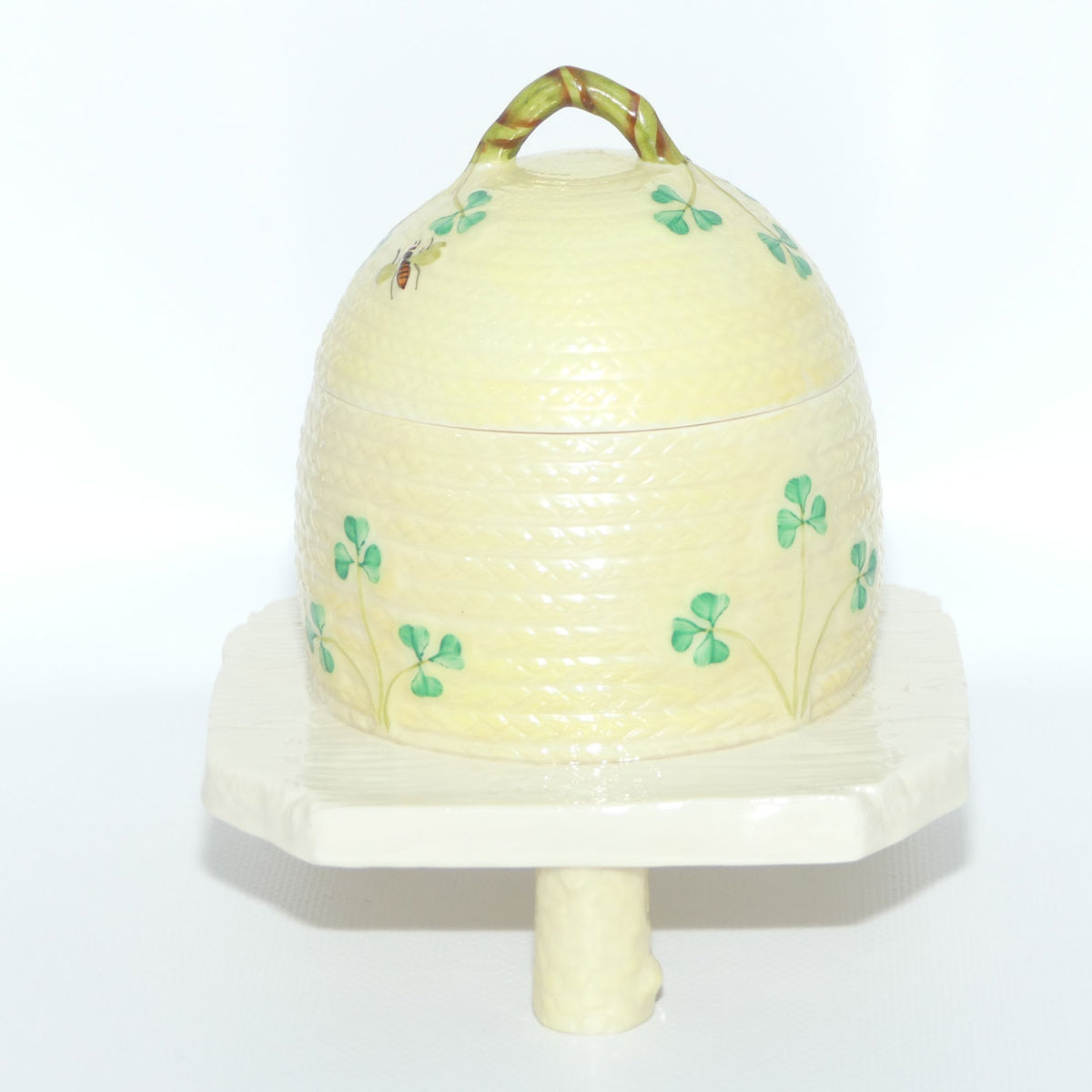 Belleek Shamrock Basket Weave Bee Motif Honey pot on Tree Stump base | 2nd Green mark