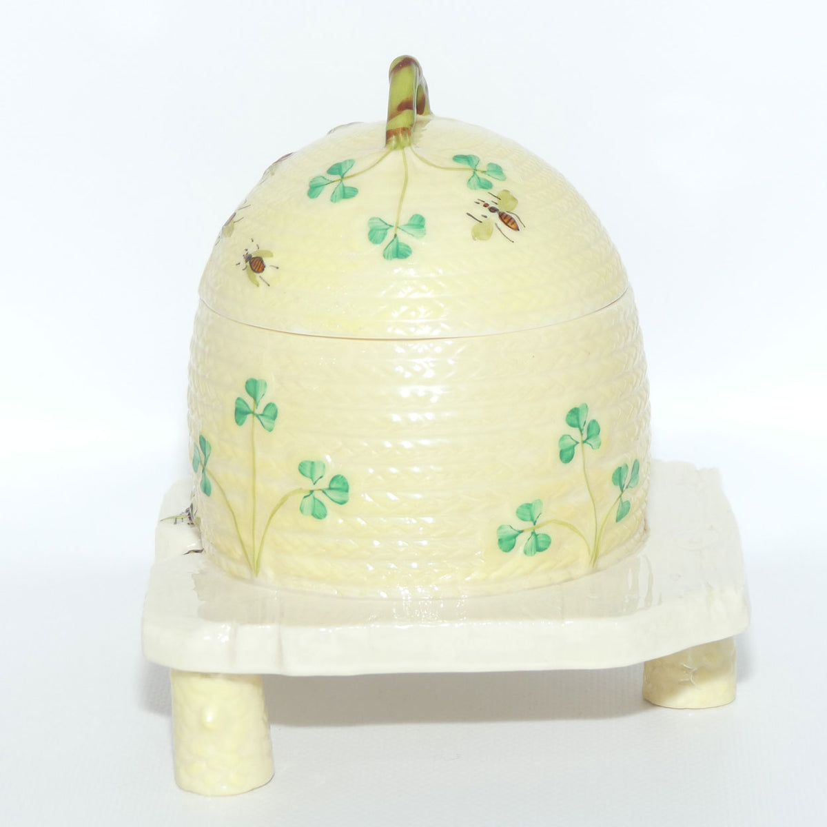 Belleek Shamrock Basket Weave Bee Motif Honey pot on Tree Stump base | 2nd Green mark