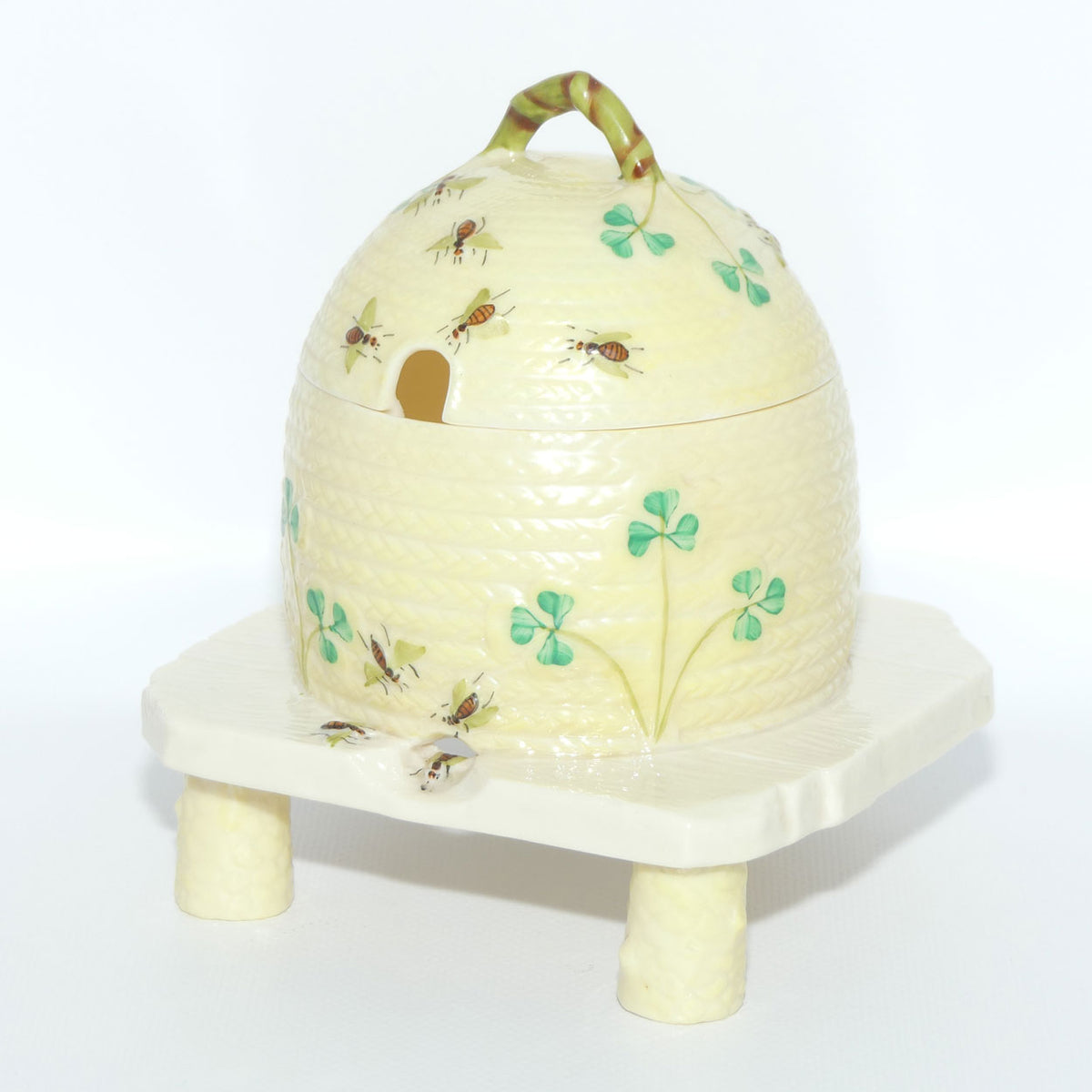 Belleek Shamrock Basket Weave Bee Motif Honey pot on Tree Stump base | 2nd Green mark