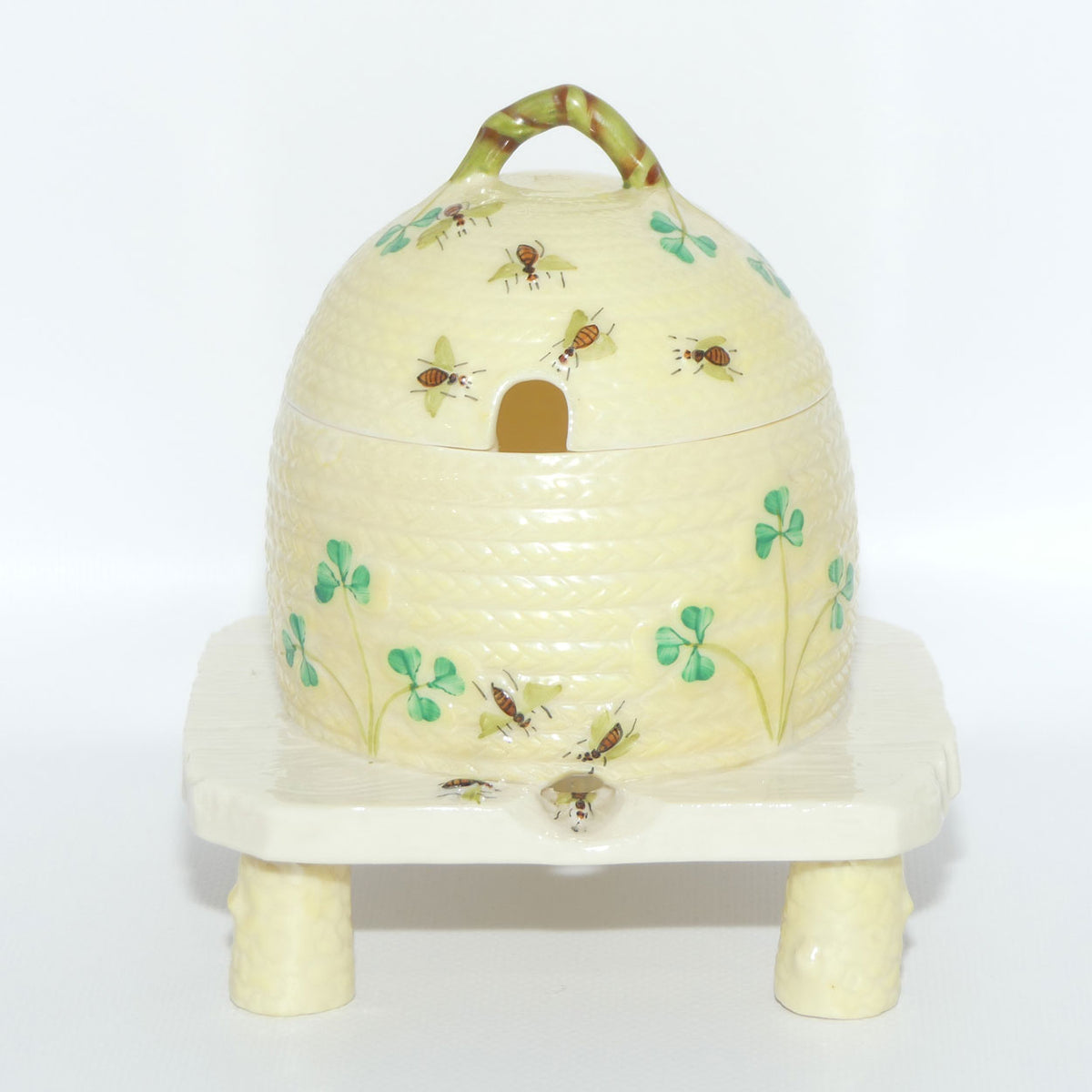 Belleek Shamrock Basket Weave Bee Motif Honey pot on Tree Stump base | 2nd Green mark
