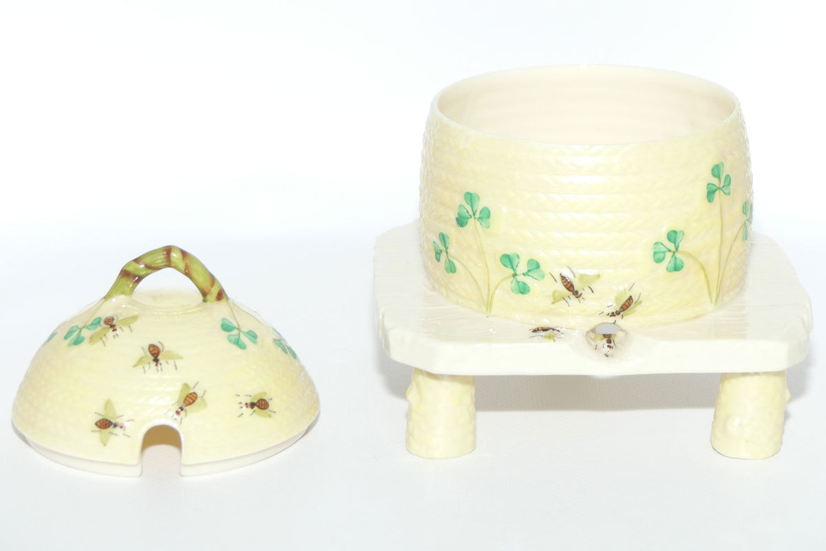 Belleek Shamrock Basket Weave Bee Motif Honey pot on Tree Stump base | 2nd Green mark