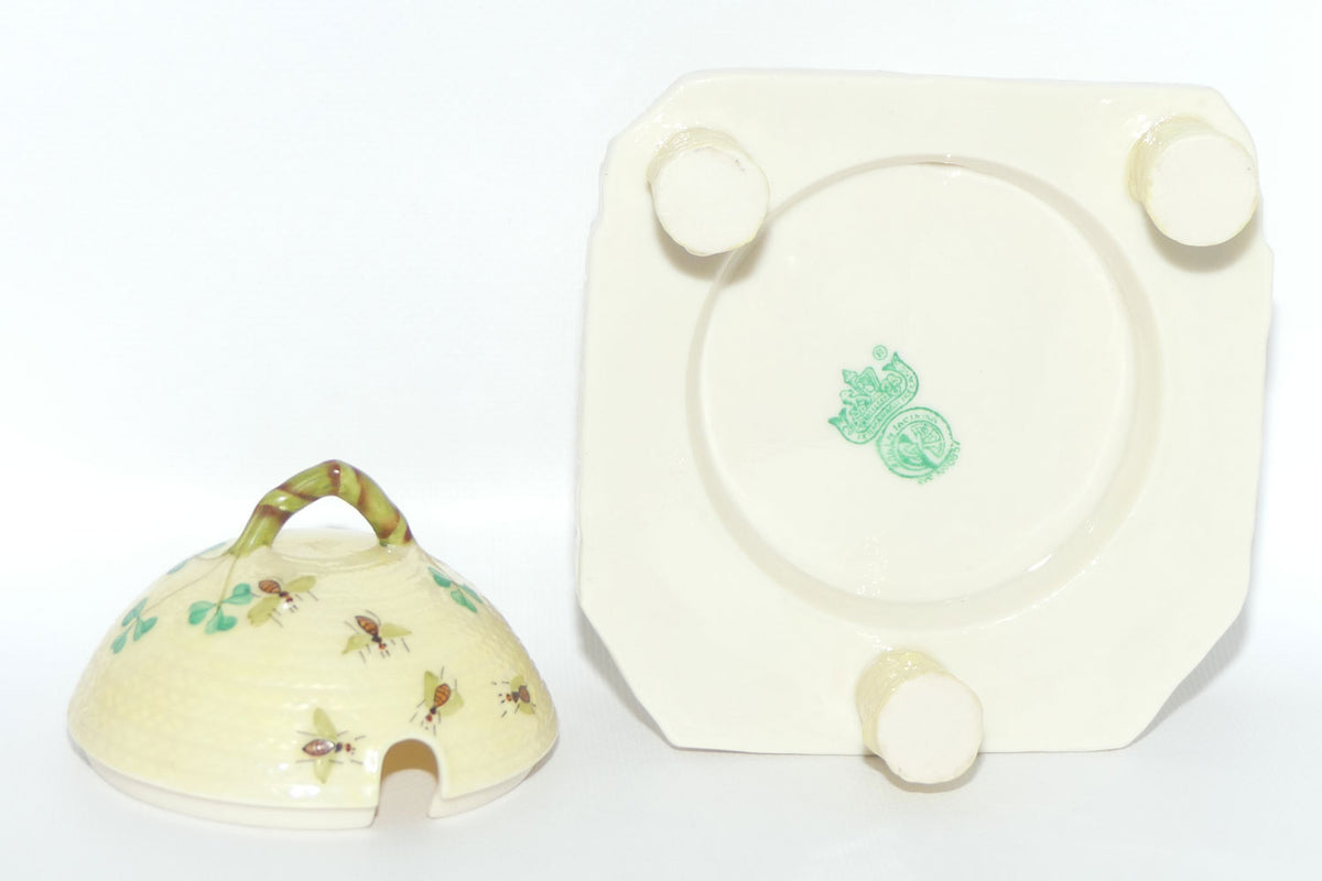 Belleek Shamrock Basket Weave Bee Motif Honey pot on Tree Stump base | 2nd Green mark