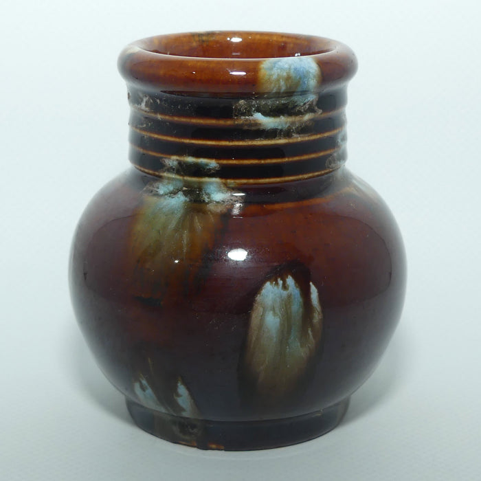 Australian Pottery | Deep Brown and Pale Blue Mottled Glaze vase with ring neck | B mark | Regal Mashman