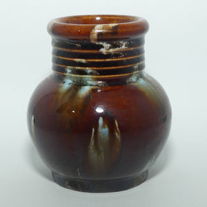 Australian Pottery | Deep Brown and Pale Blue Mottled Glaze vase with ring neck | B mark | Regal Mashman