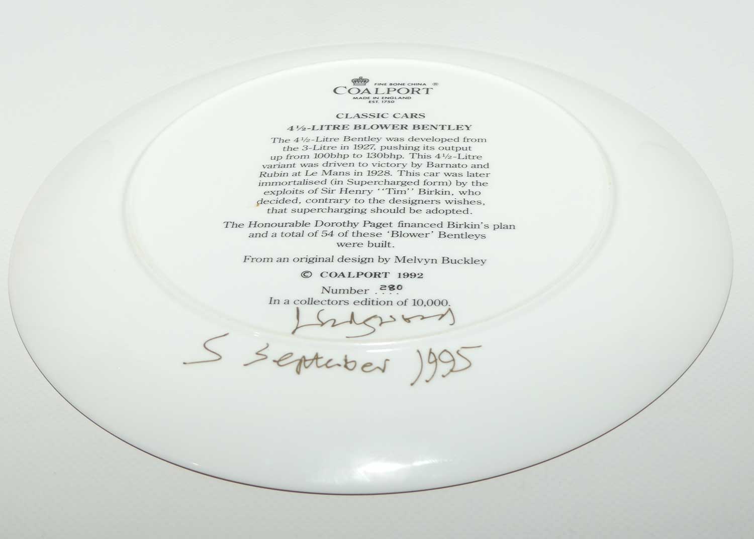Coalport Classic Cars plate | 4.5 litre Blower Bentley | signed