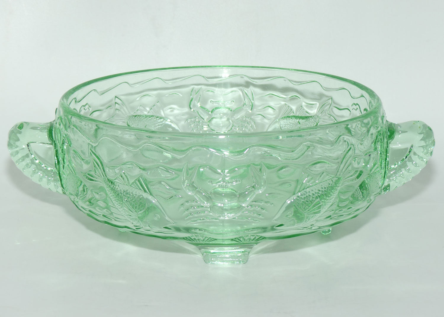Bagley & Co England Art Deco green Glass Marine pattern twin handle bowl