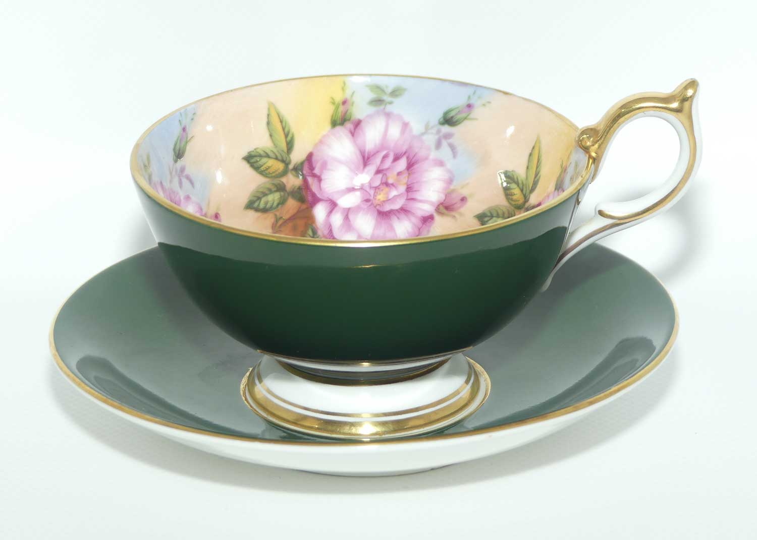 Aynsley Floral tea duo | Cabbage Rose | Green with Floral inside cup
