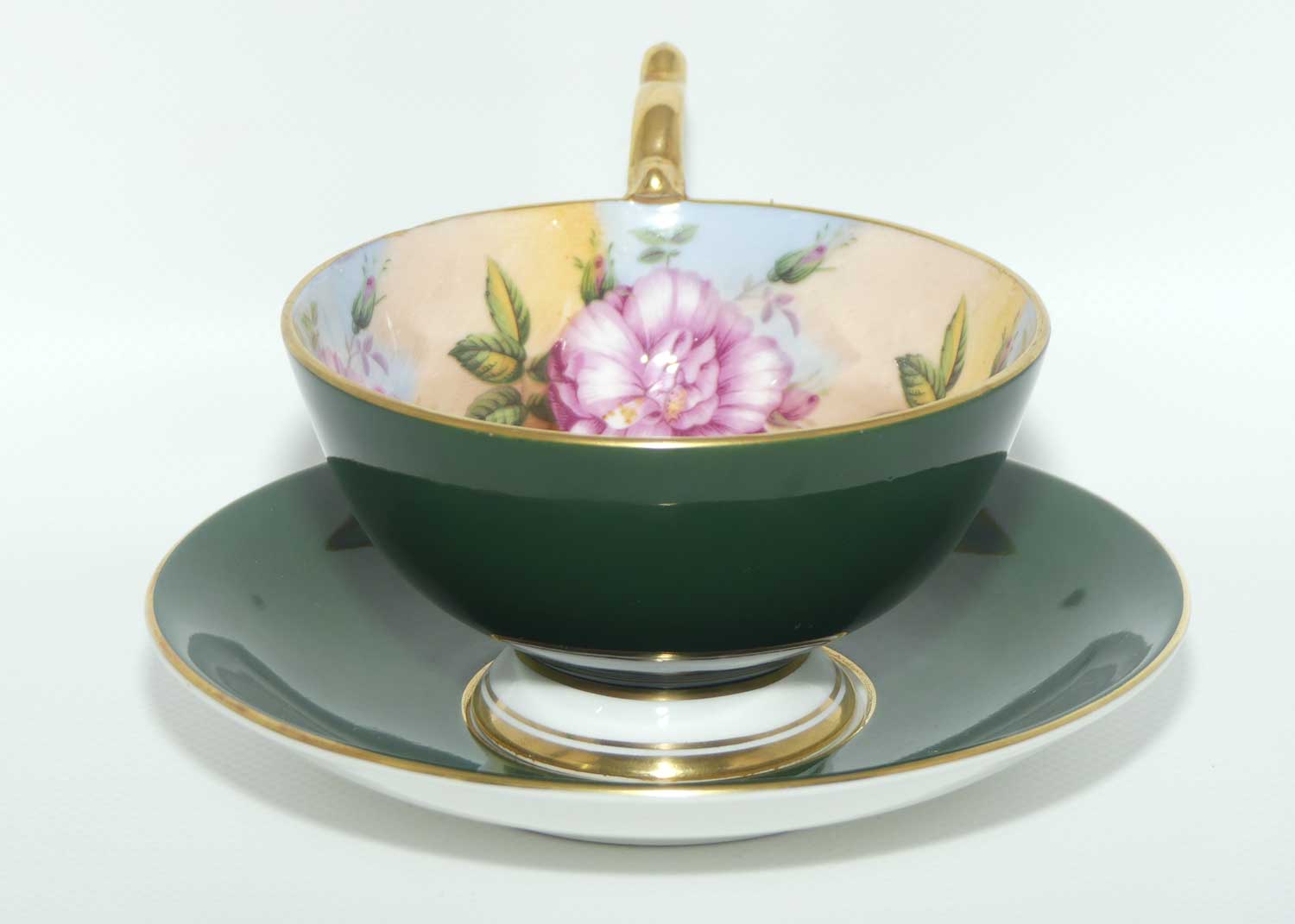 Aynsley Floral tea duo | Cabbage Rose | Green with Floral inside cup