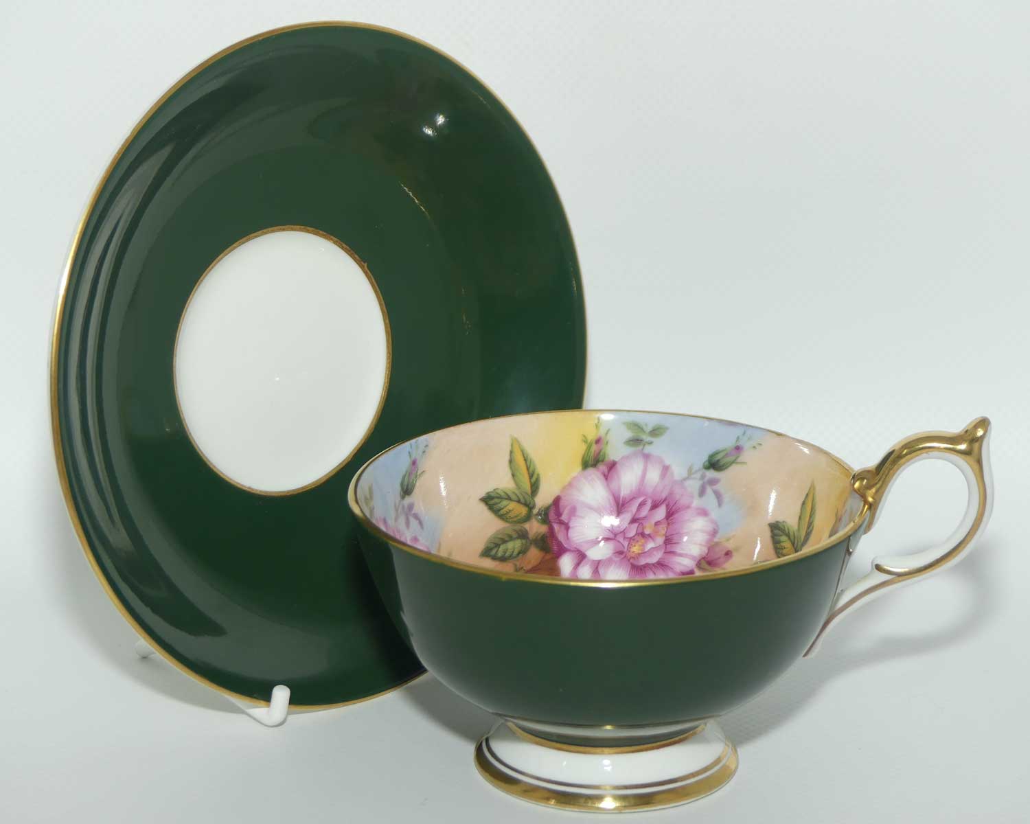 Aynsley Floral tea duo | Cabbage Rose | Green with Floral inside cup