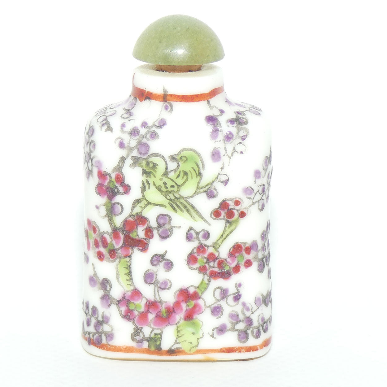 Chinese snuff bottle with greenstone stopper | Bird in Apple Blossom Tree