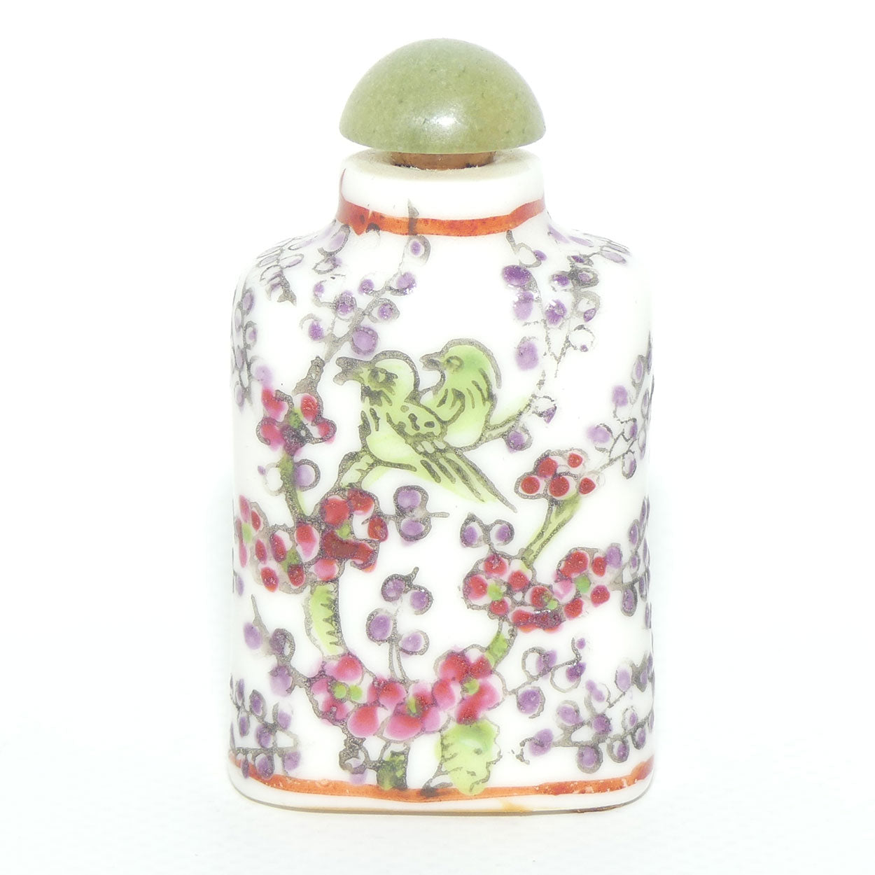 Chinese snuff bottle with greenstone stopper | Bird in Apple Blossom Tree