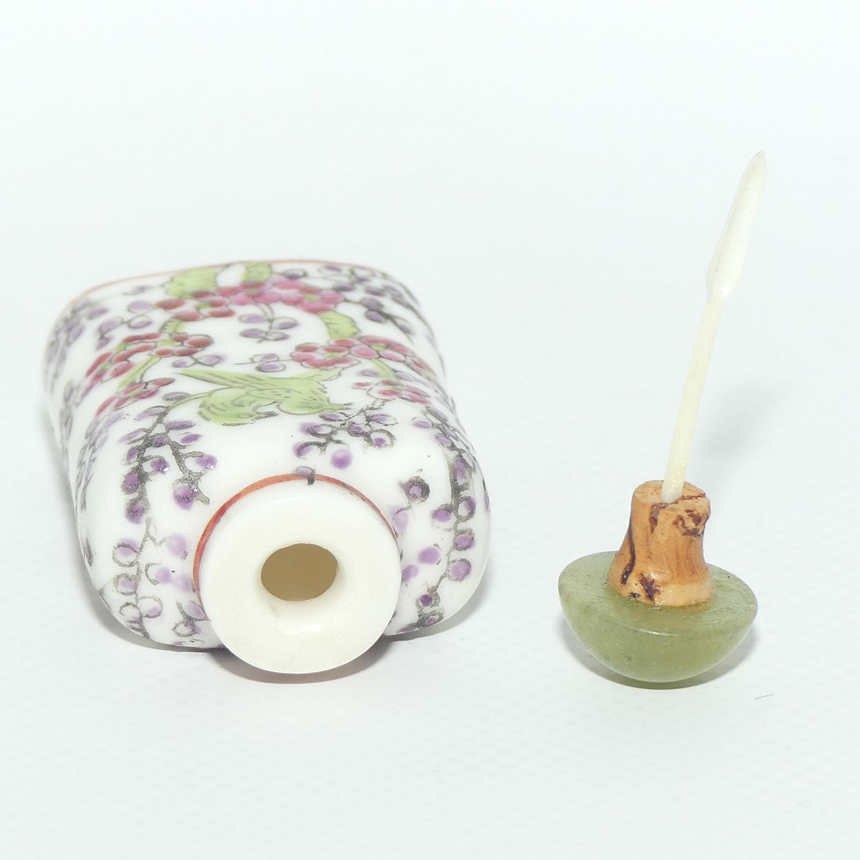 Chinese snuff bottle with greenstone stopper | Bird in Apple Blossom Tree