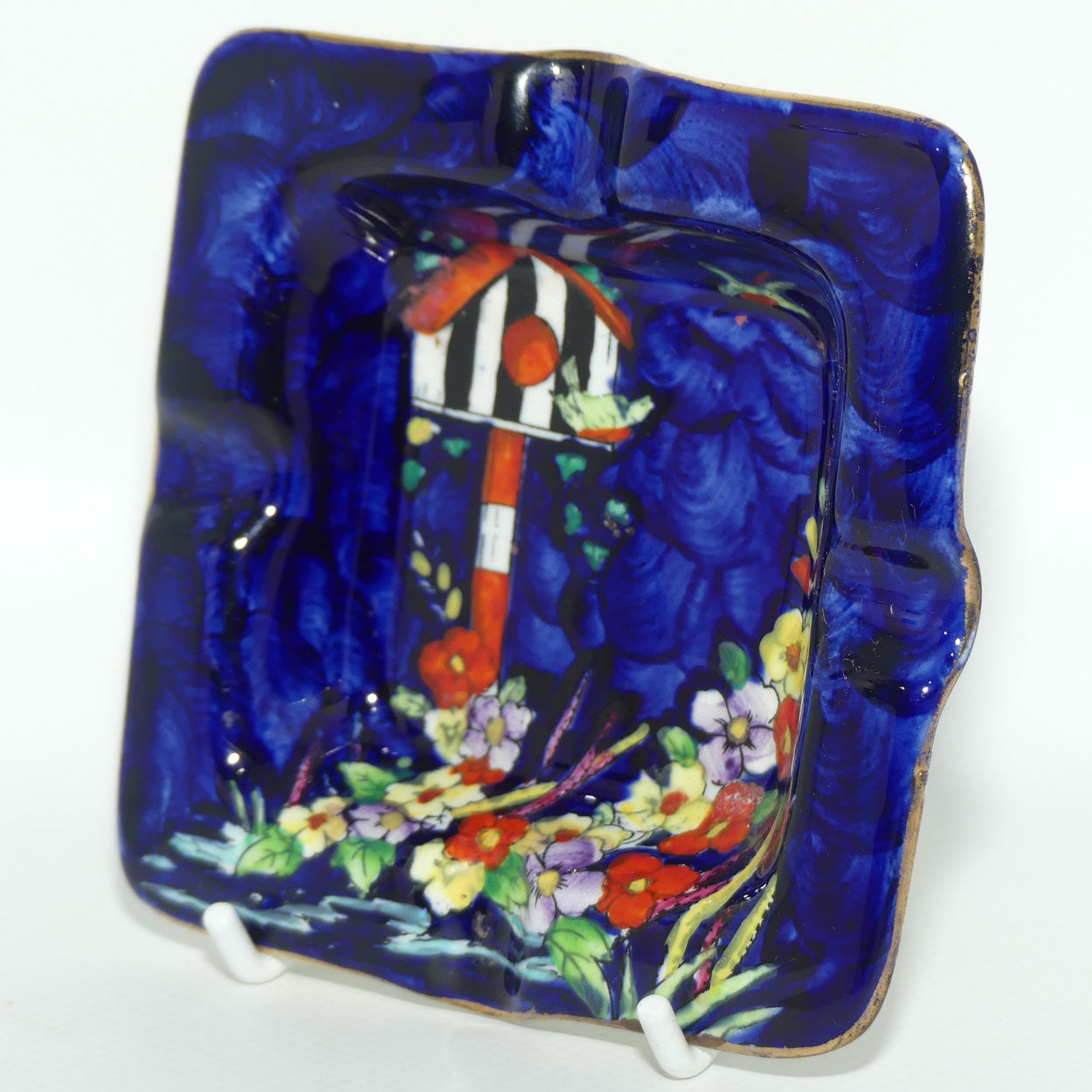 Maling ashtray | Birdhouse and Flowers on Blue Ground