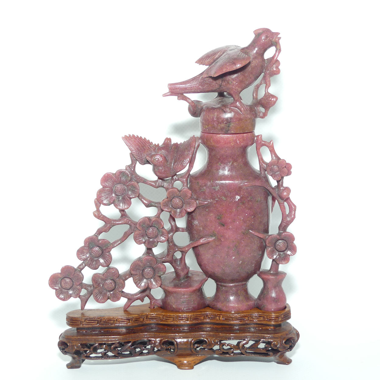 Chinese Rhodontite Carved Bird and Flowers lidded vase on stand
