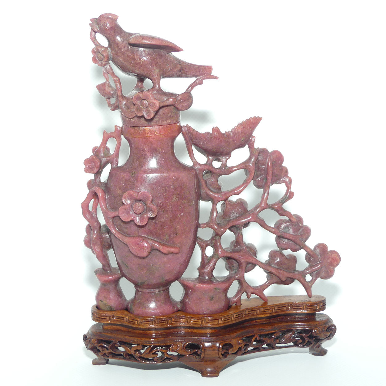 Chinese Rhodontite Carved Bird and Flowers lidded vase on stand