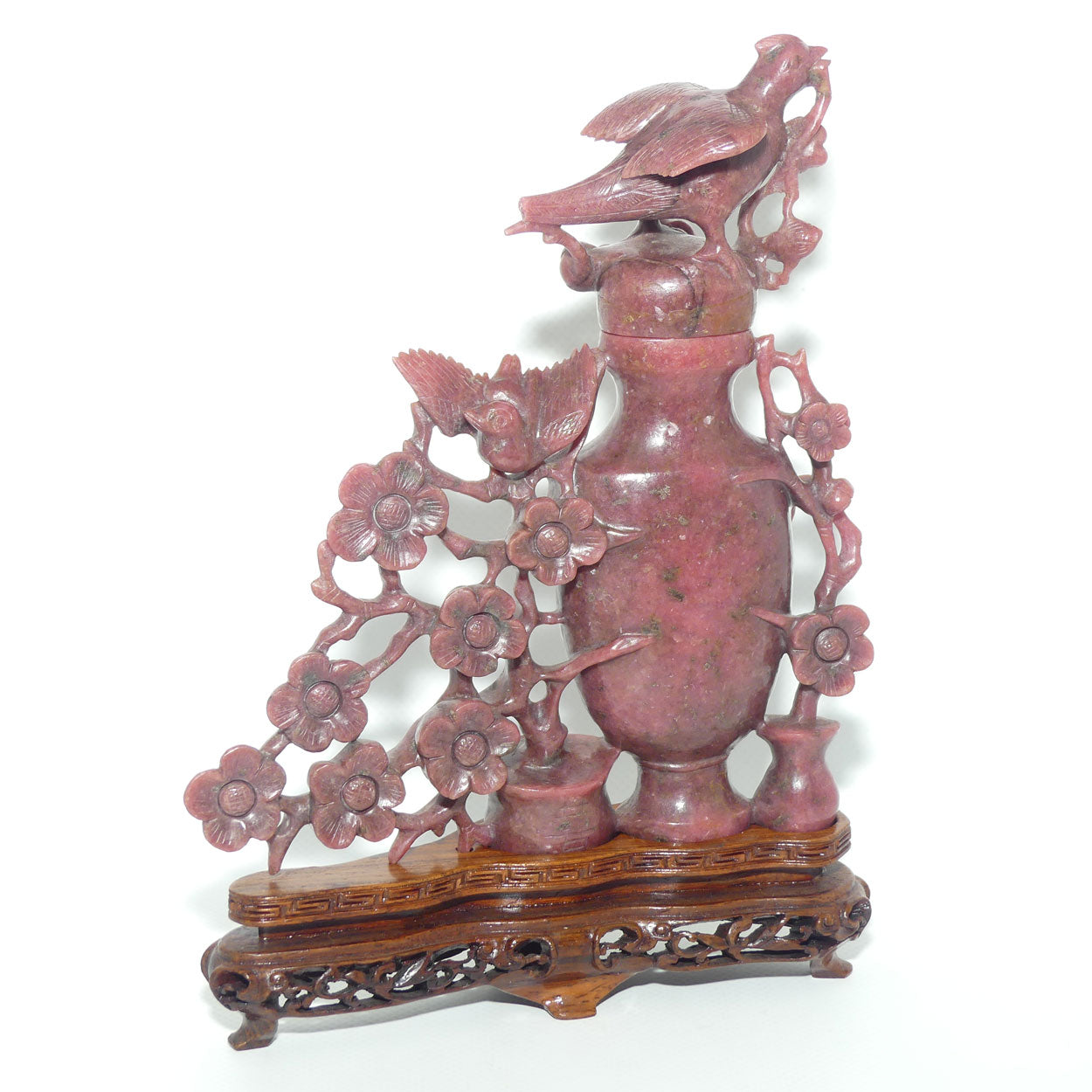 Chinese Rhodontite Carved Bird and Flowers lidded vase on stand