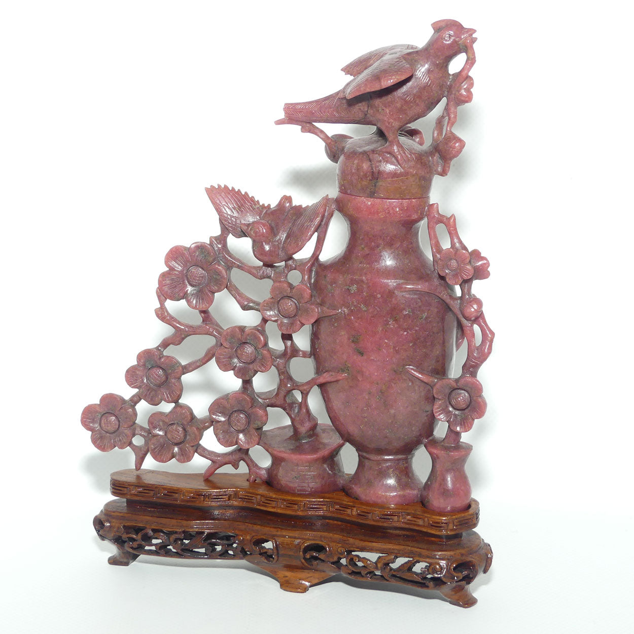 Chinese Rhodontite Carved Bird and Flowers lidded vase on stand