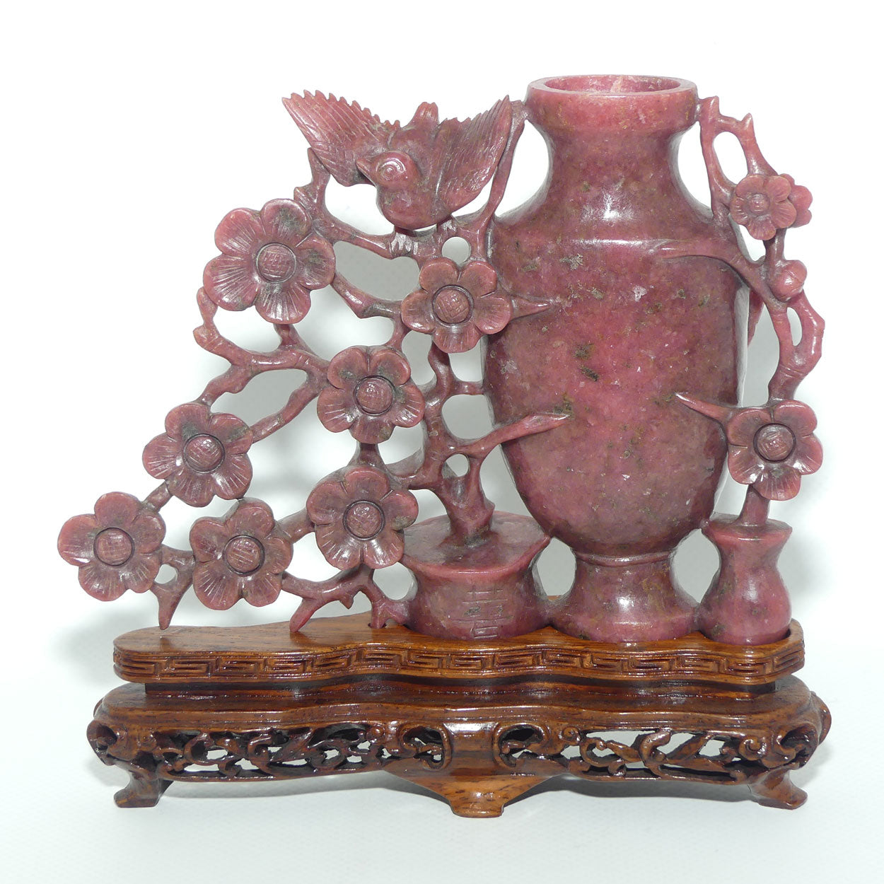 Chinese Rhodontite Carved Bird and Flowers lidded vase on stand