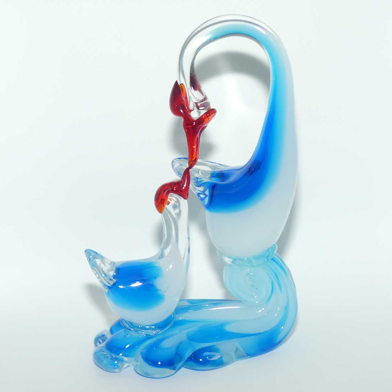 Large Blown Glass Mother and Chick | Birds figure | Azure Blue and Moonstone