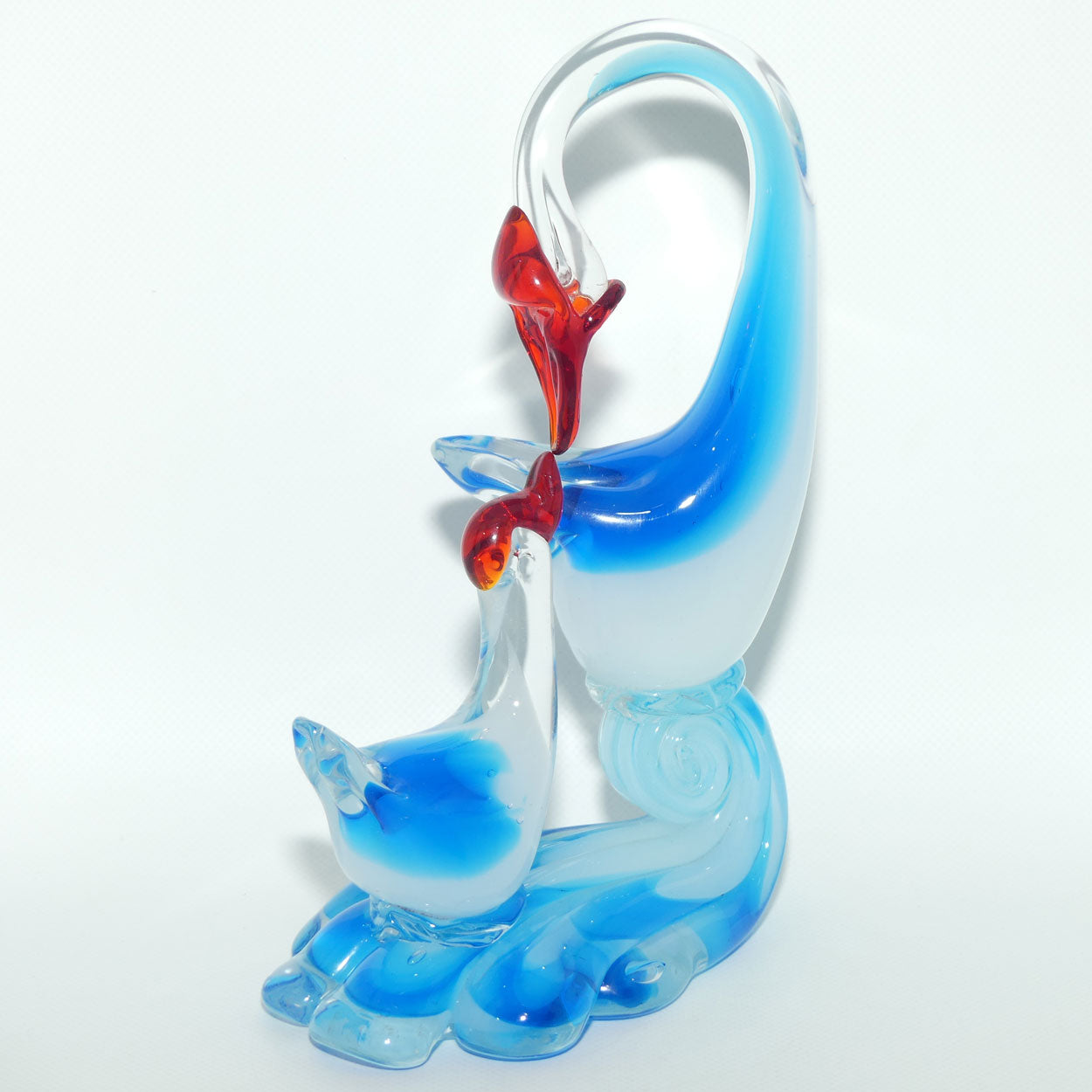 Large Blown Glass Mother and Chick | Birds figure | Azure Blue and Moonstone