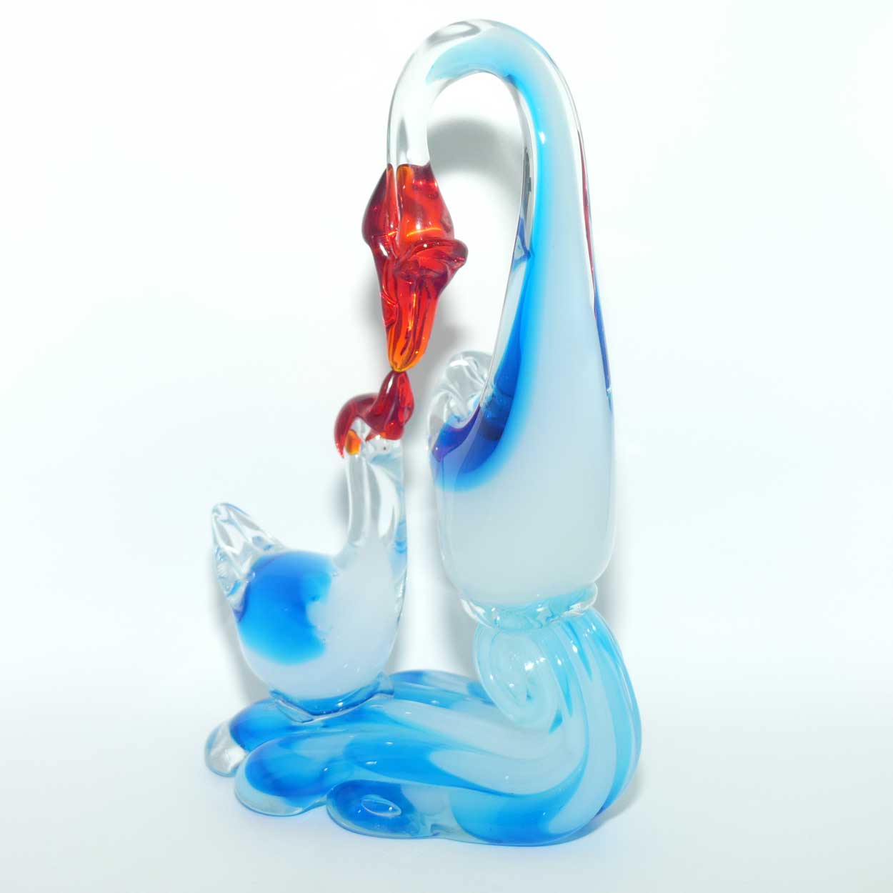 Large Blown Glass Mother and Chick | Birds figure | Azure Blue and Moonstone