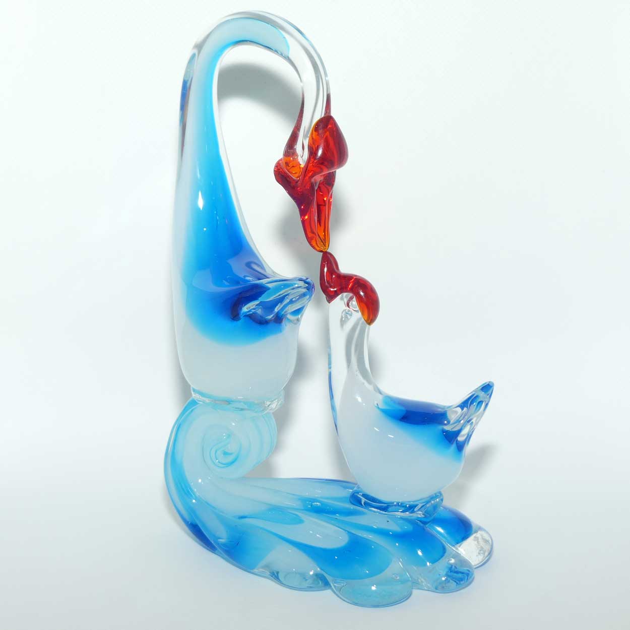 Large Blown Glass Mother and Chick | Birds figure | Azure Blue and Moonstone