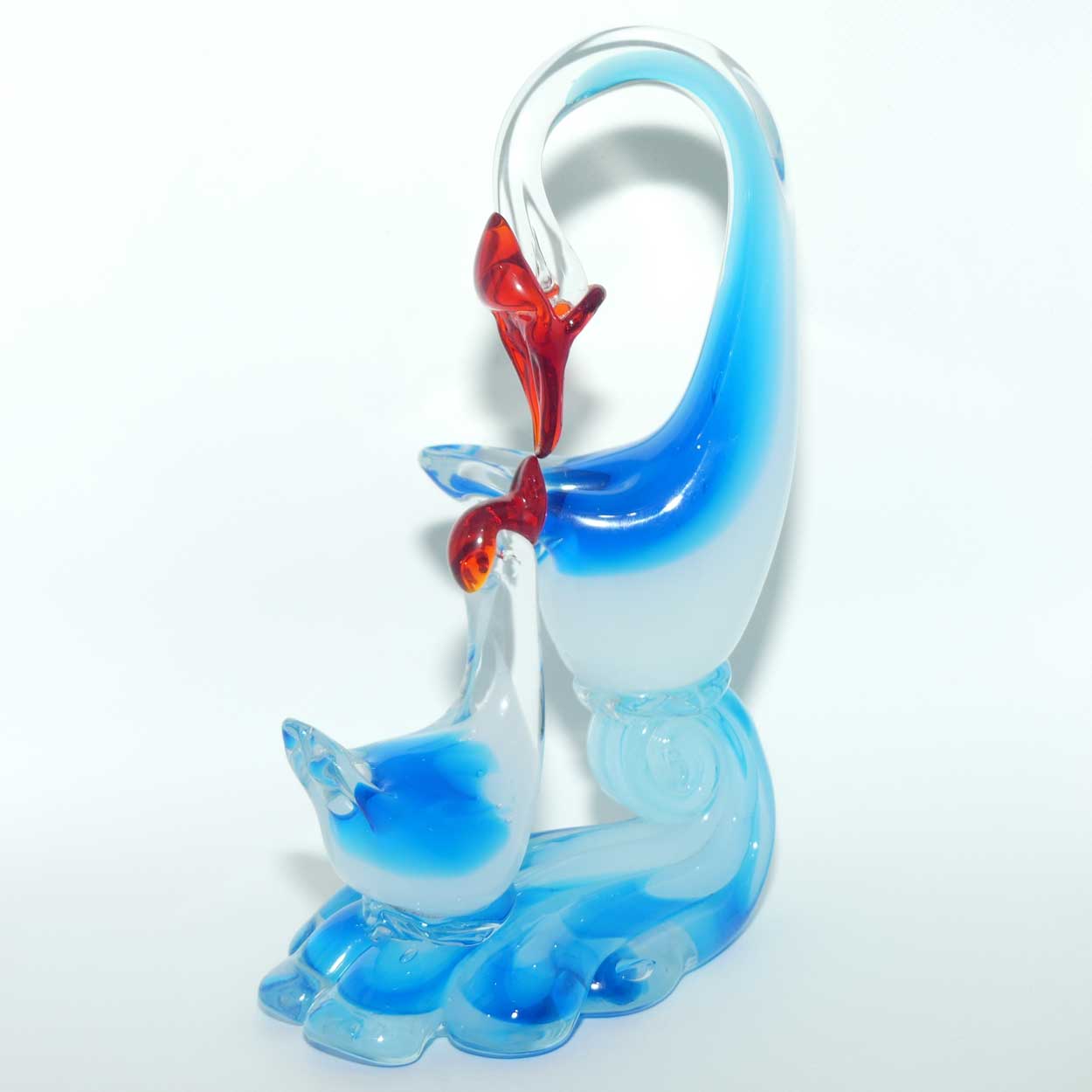 Large Blown Glass Mother and Chick | Birds figure | Azure Blue and Moonstone