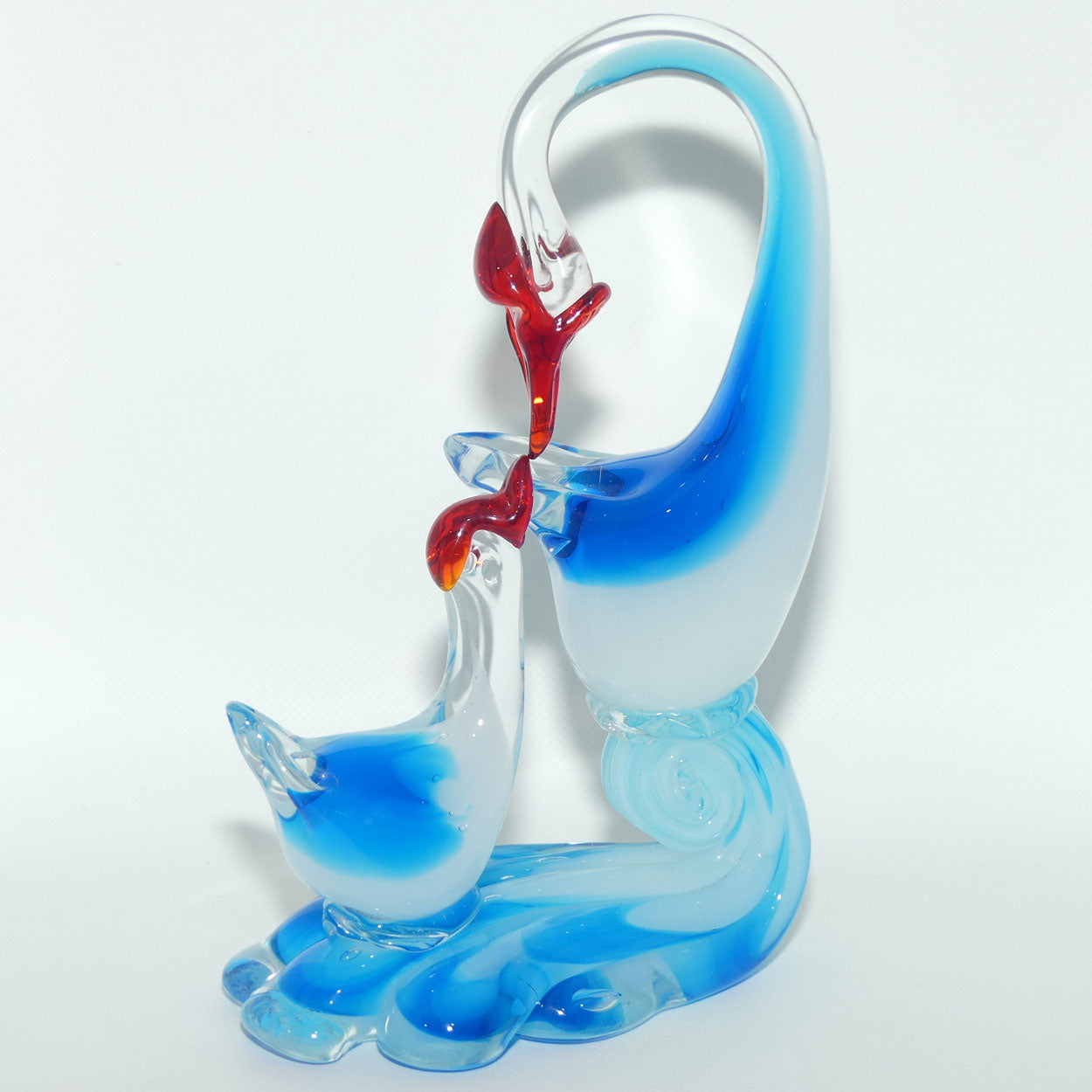 Large Blown Glass Mother and Chick | Birds figure | Azure Blue and Moonstone