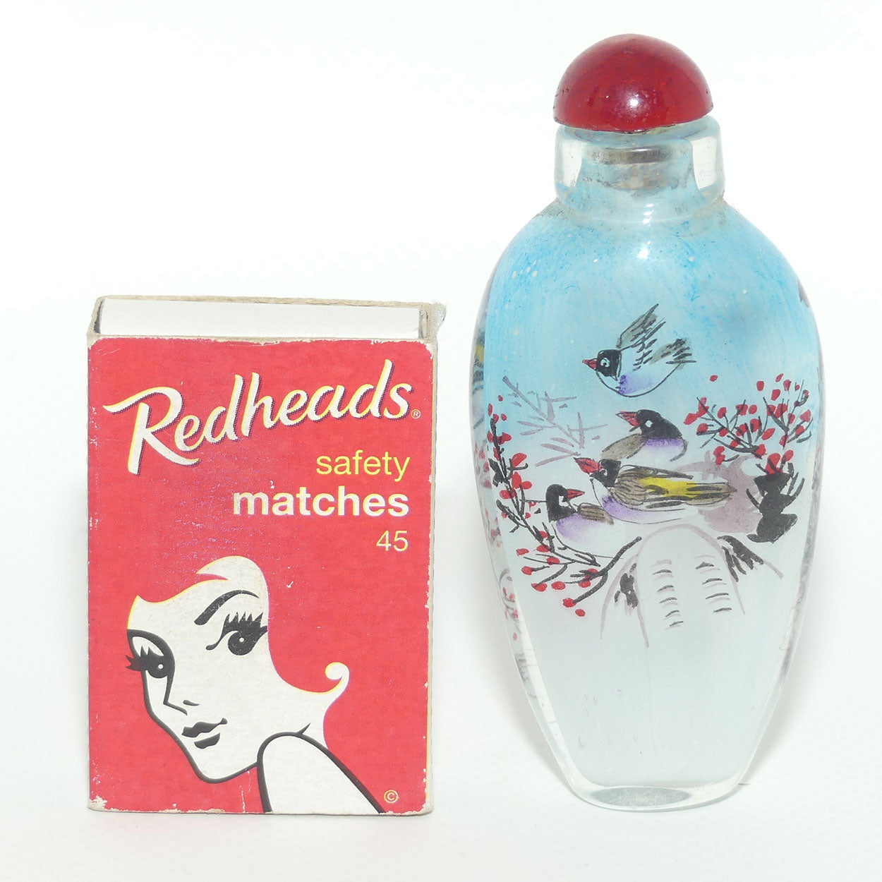 Chinese Reverse Painted Snuff bottle | Birds and Blue Sky | Red Stopper