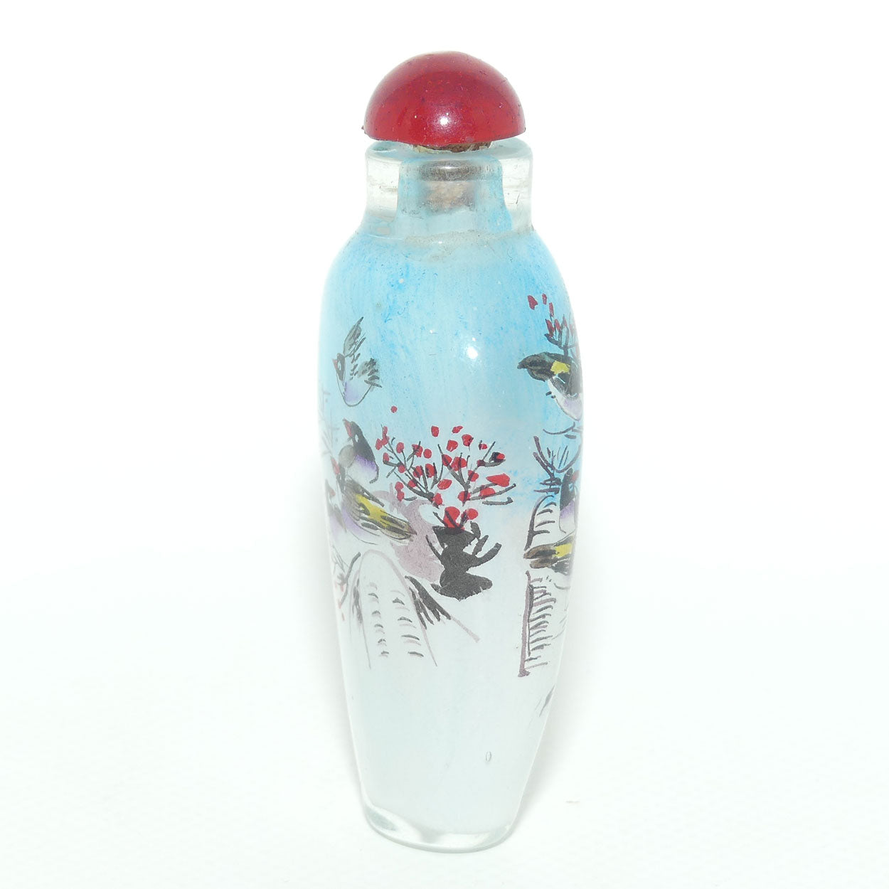 Chinese Reverse Painted Snuff bottle | Birds and Blue Sky | Red Stopper