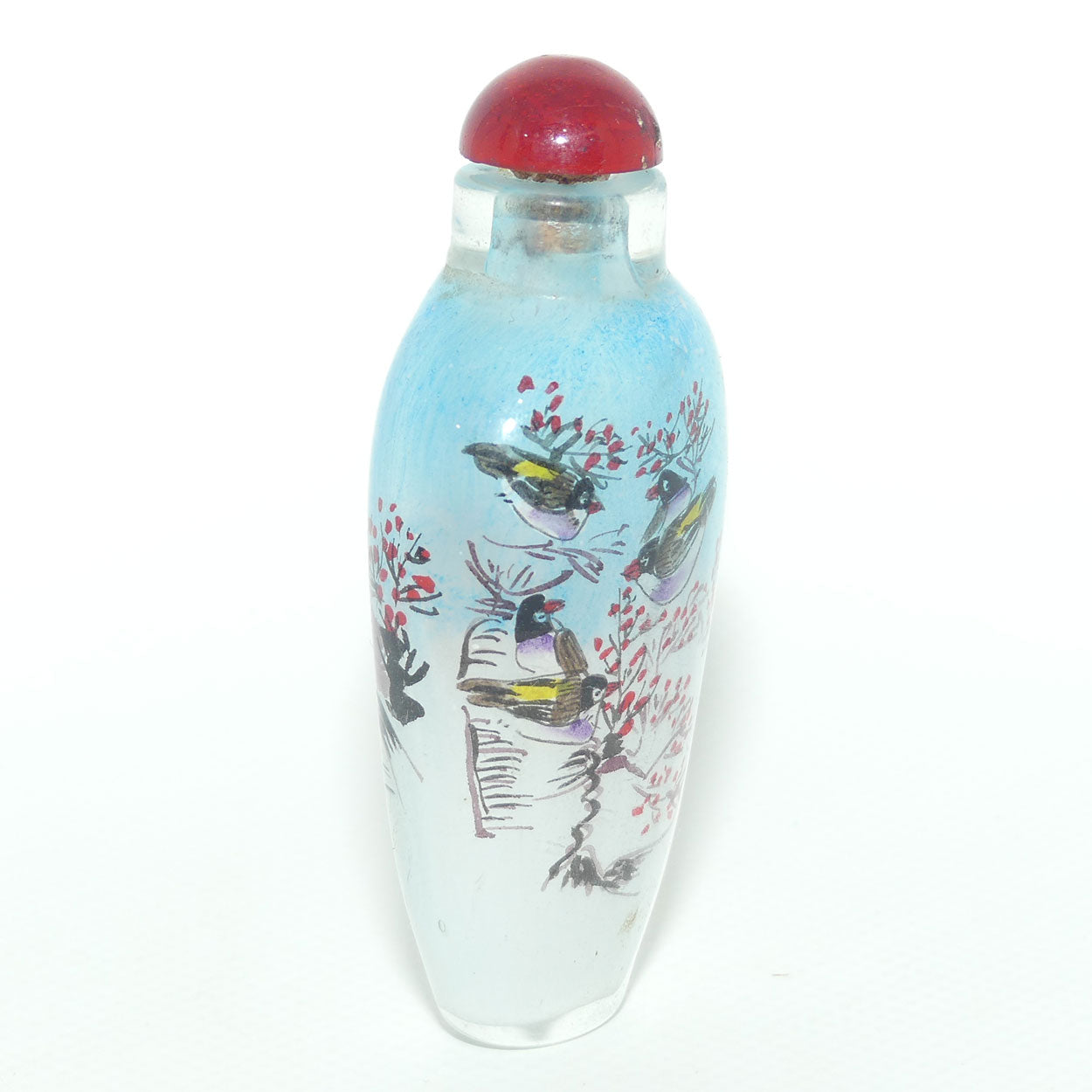 Chinese Reverse Painted Snuff bottle | Birds and Blue Sky | Red Stopper