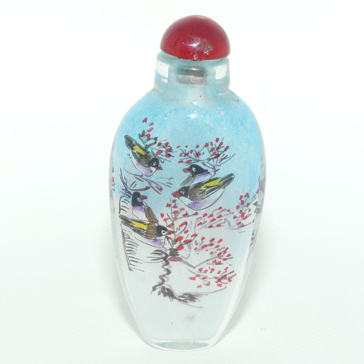 Chinese Reverse Painted Snuff bottle | Birds and Blue Sky | Red Stopper